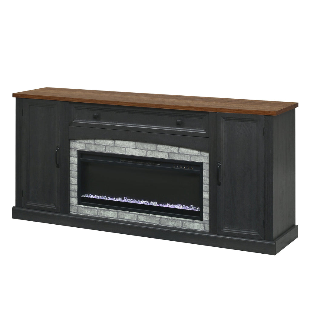 TV Stand Fireplace Black MDF Walnut Top Gray Brick 1400W Fits 70 In TV 66.9 In