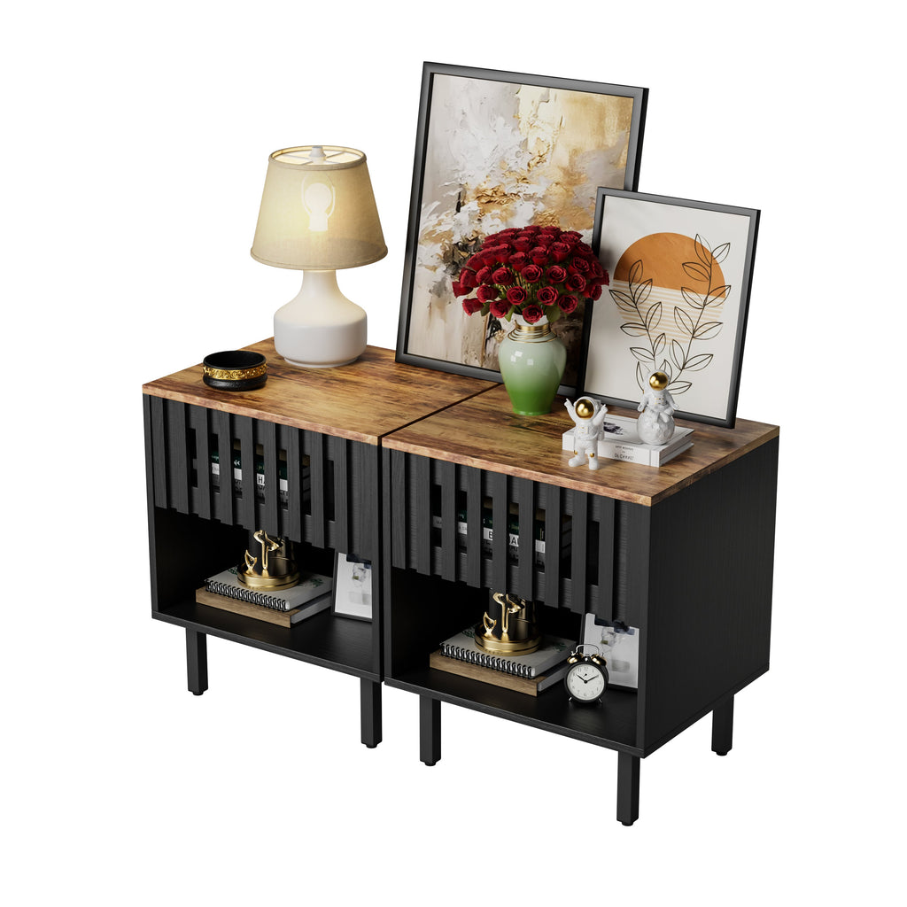 Set of 2 Mid Century Modern Nightstand with Grille Striped Doors,