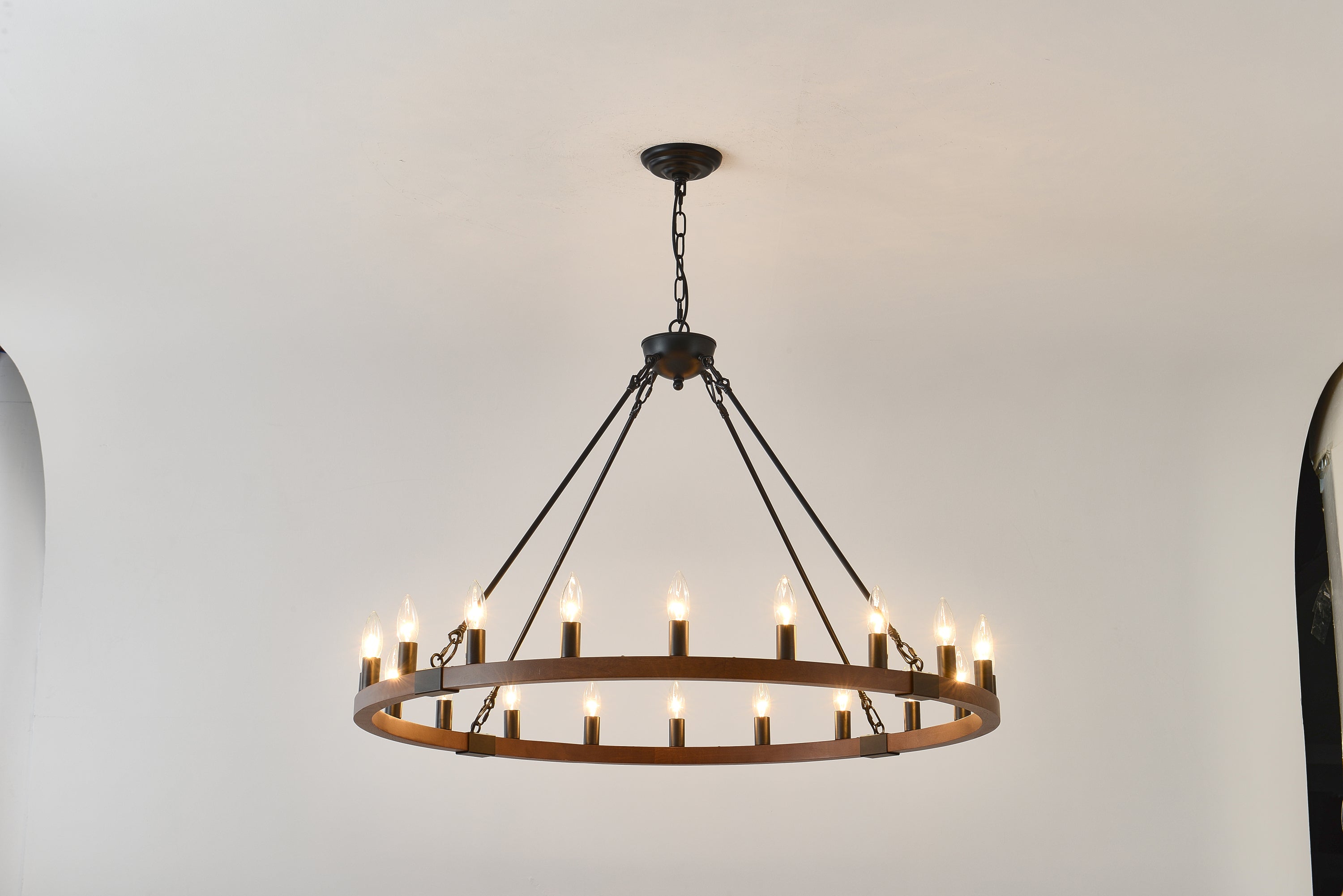 Chandelier Wood Wagon Wheel 20-Light Farmhouse Matte Black 39.3 In