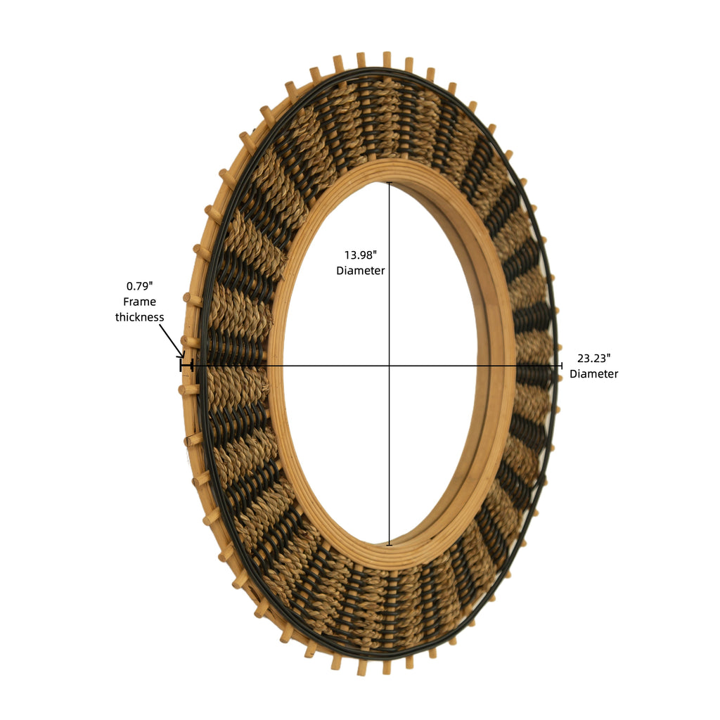 Round Wall Mirror Boho Bamboo Natural Frame 23-inch Large Living Room