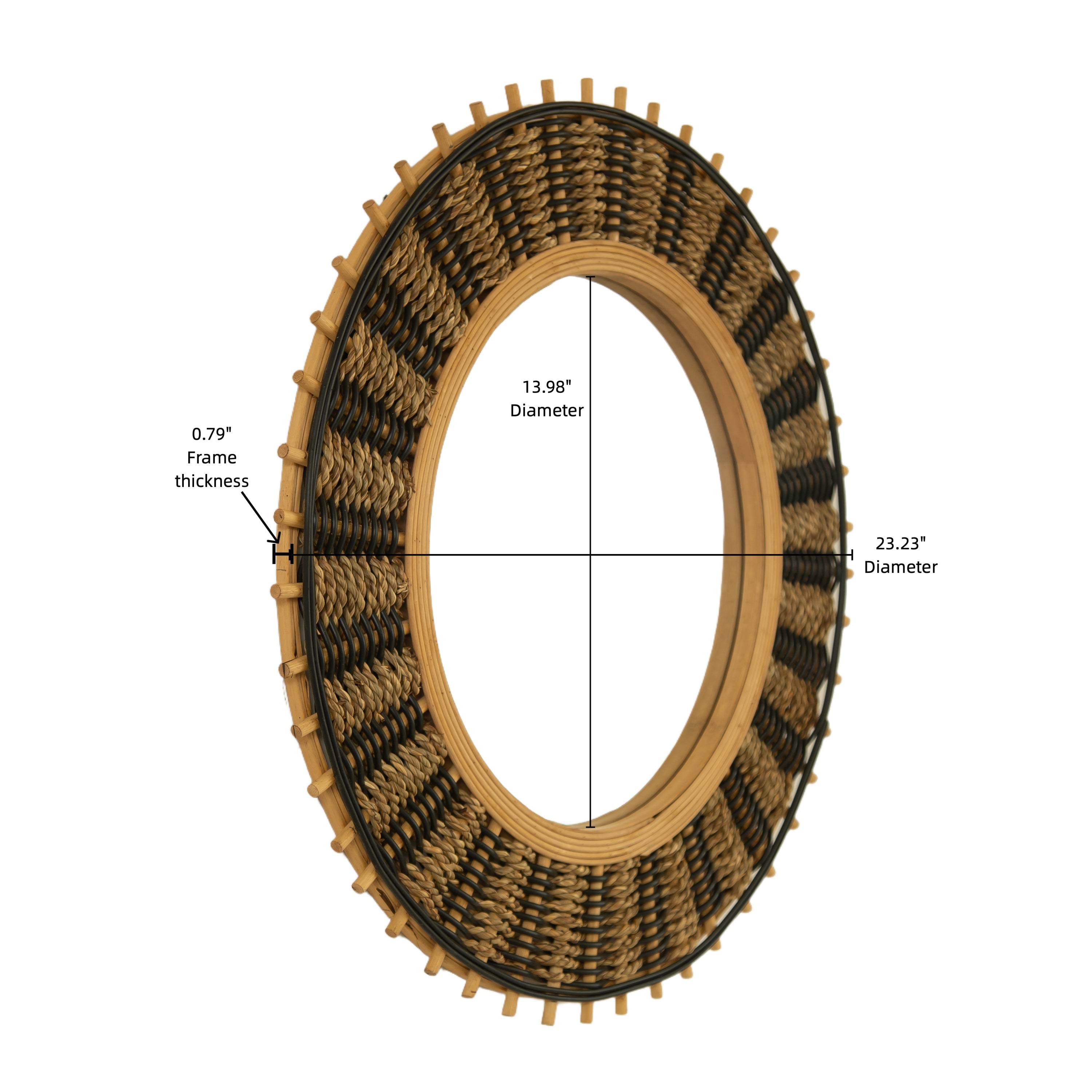 Round Wall Mirror Boho Bamboo Natural Frame 23-inch Large Living Room