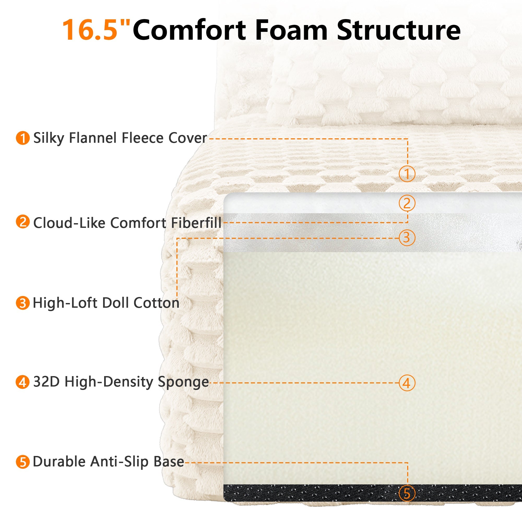 Sectional Sofa Modern Modular Cream Flannelette Deep Seat 82 Inch