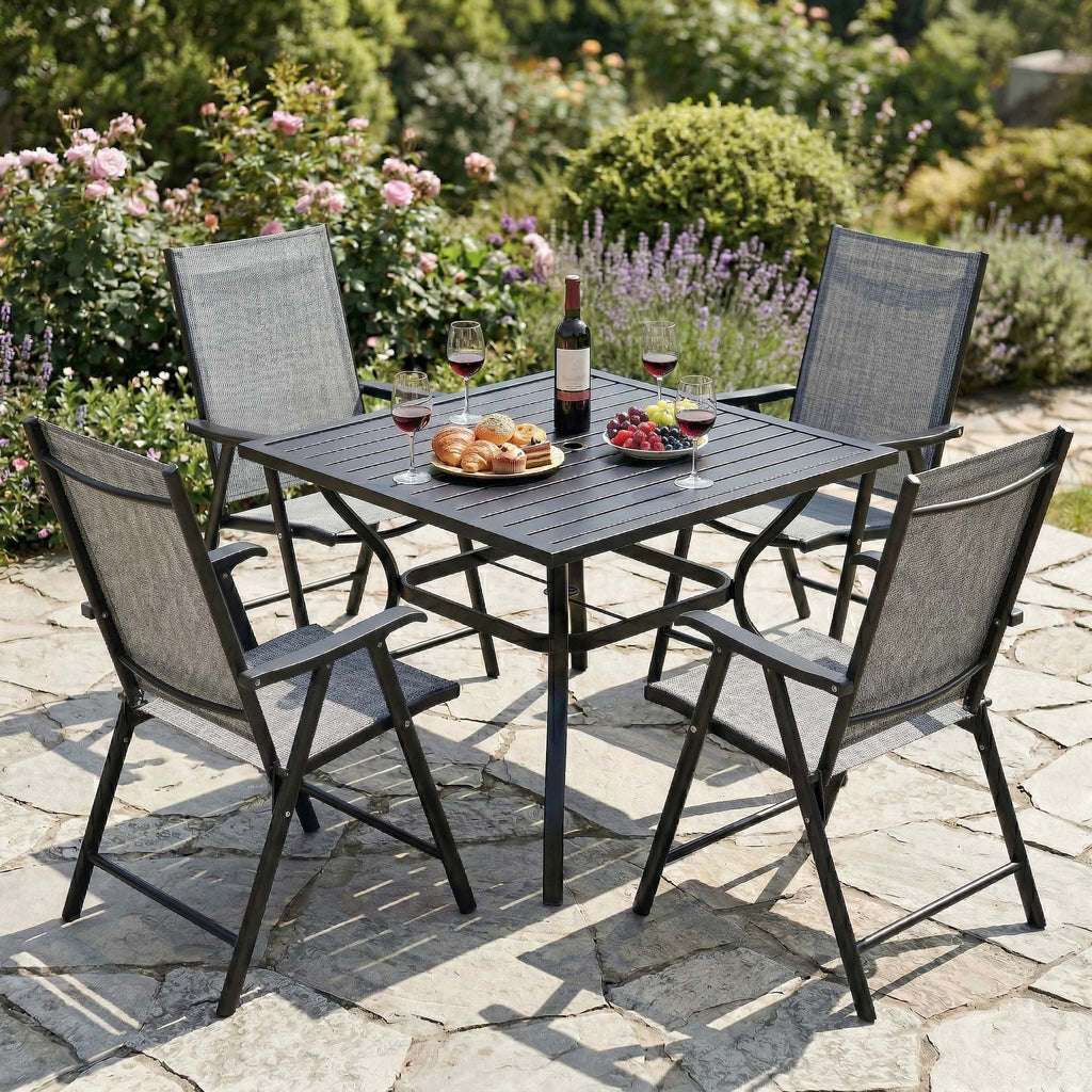 Outdoor Dining Set Metal Black 5 Piece Square Table 4 Folding Chairs Seats 4