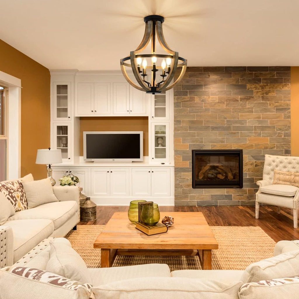 Chandelier Farmhouse 5-Light Solid Wood Adjustable Brown Dining Kitchen