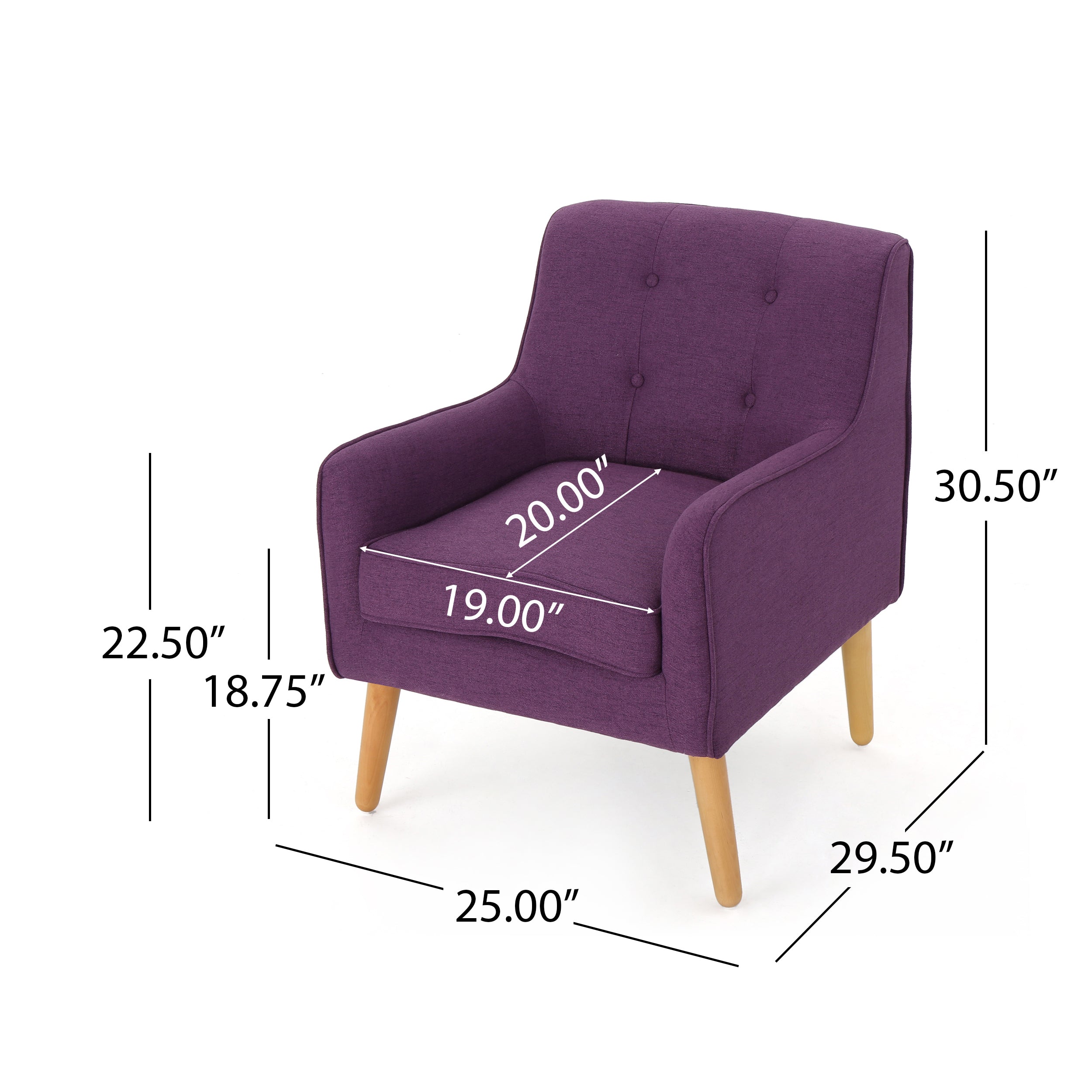 Mid-Century Modern Arm Chair with Tufted Back, Purple Fabric, Birch Wood Legs