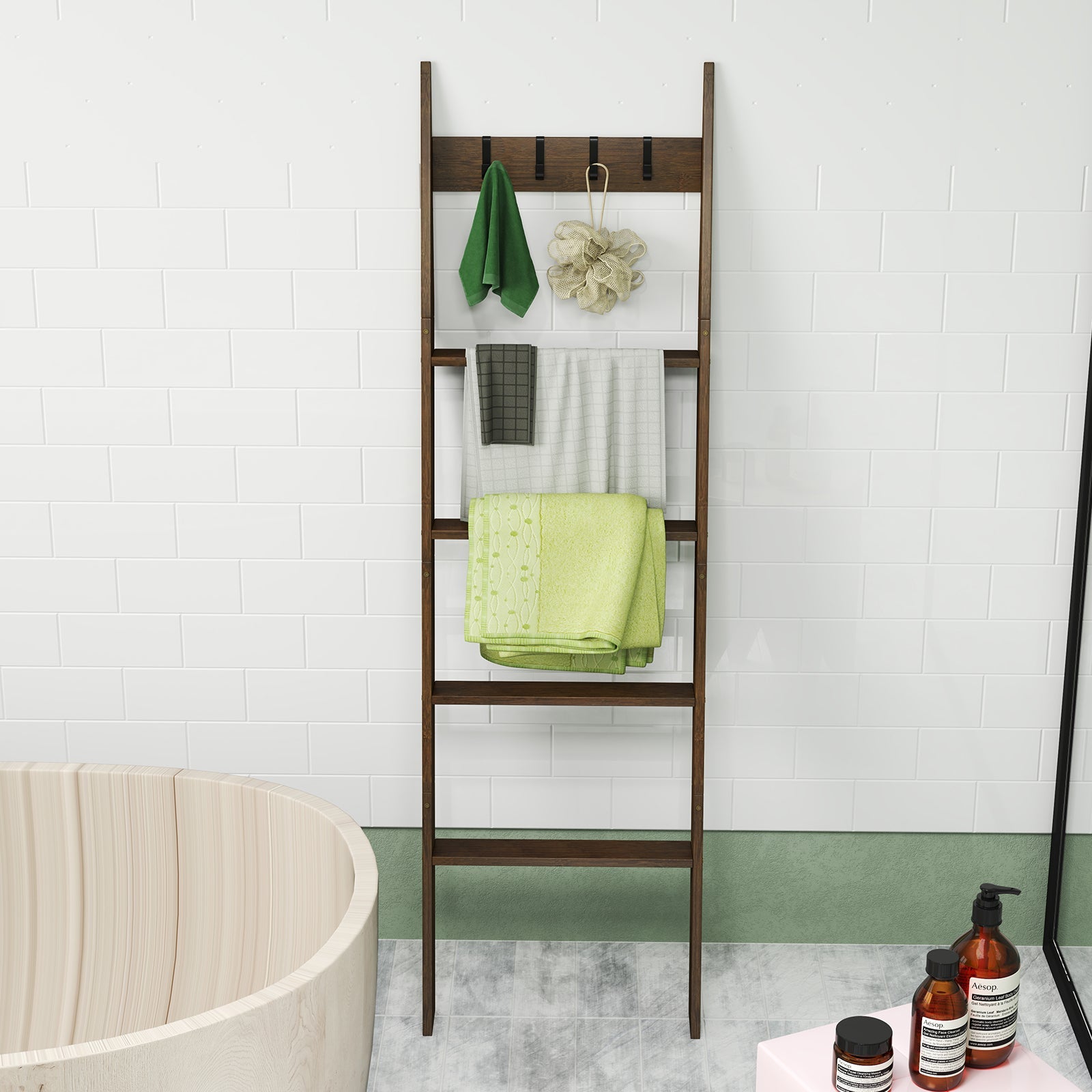 5-Tier Bamboo Ladder Bookshelf with 4 Removable Hooks-Brown