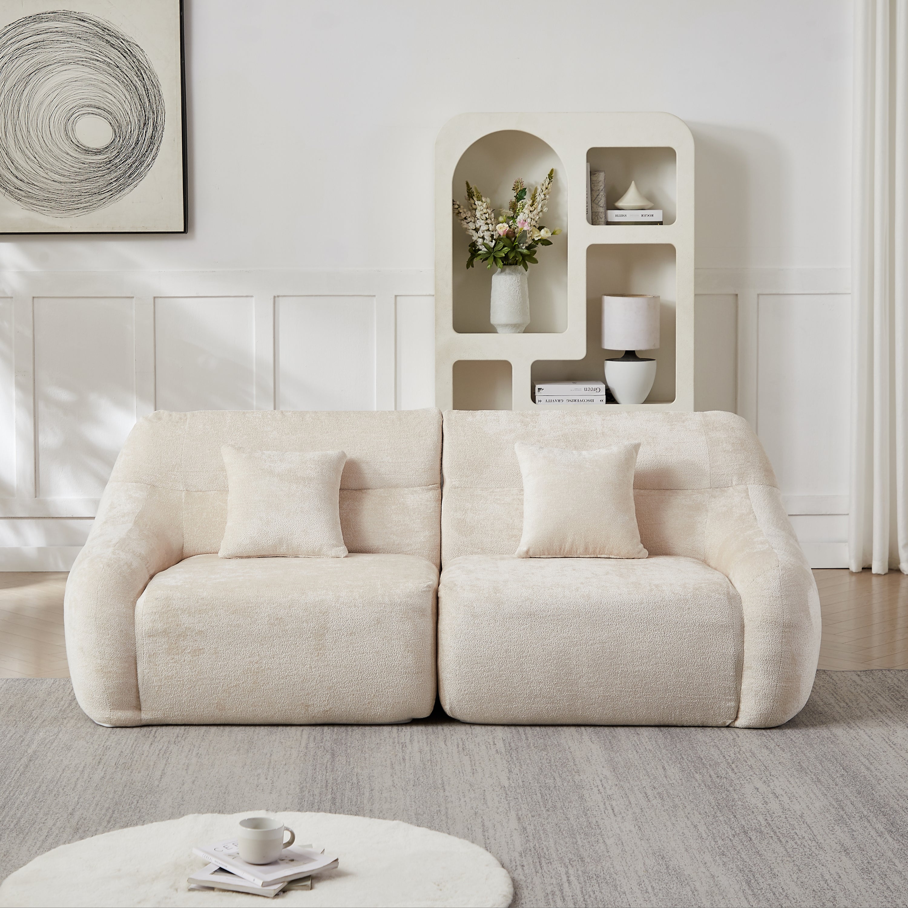 Sectional Sofa Curved Beige Chenille 123.2 Inch Four Pillows No Assembly