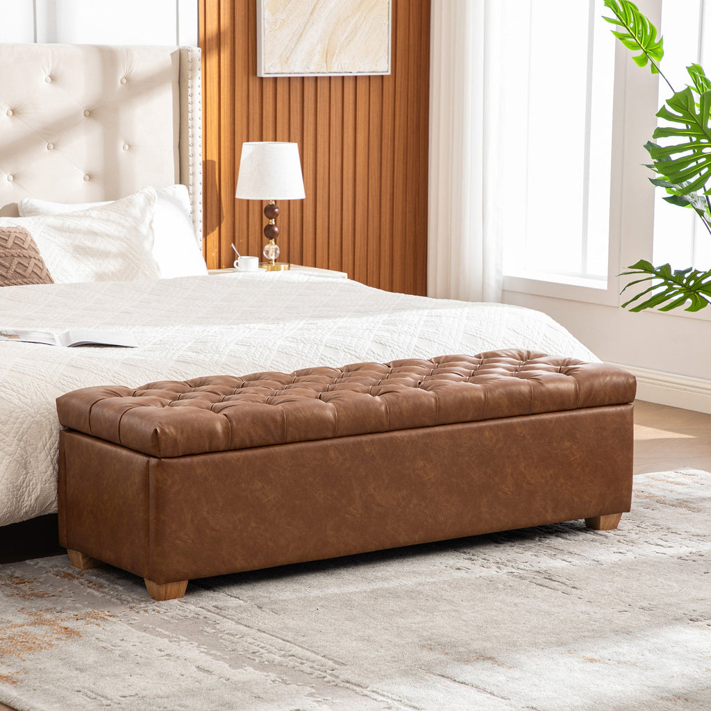 Storage Bench Tufted End of Bed Pu Upholstered Brown 60.2in Wide