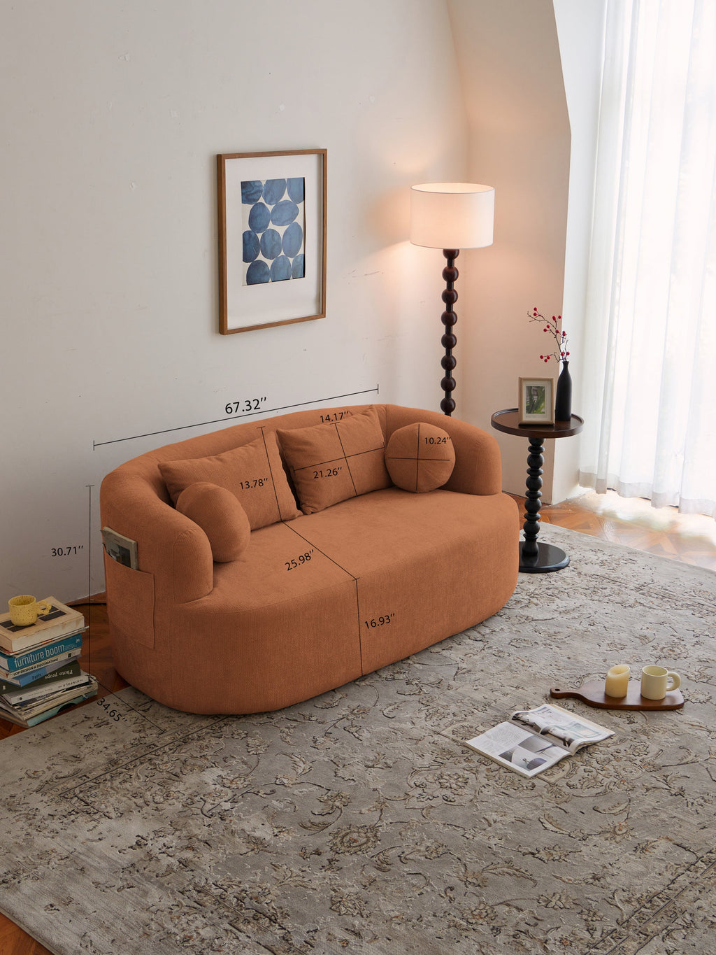 Loveseat Memory Foam Chenille Orange 2-Seat No Assembly Required 67.32 In