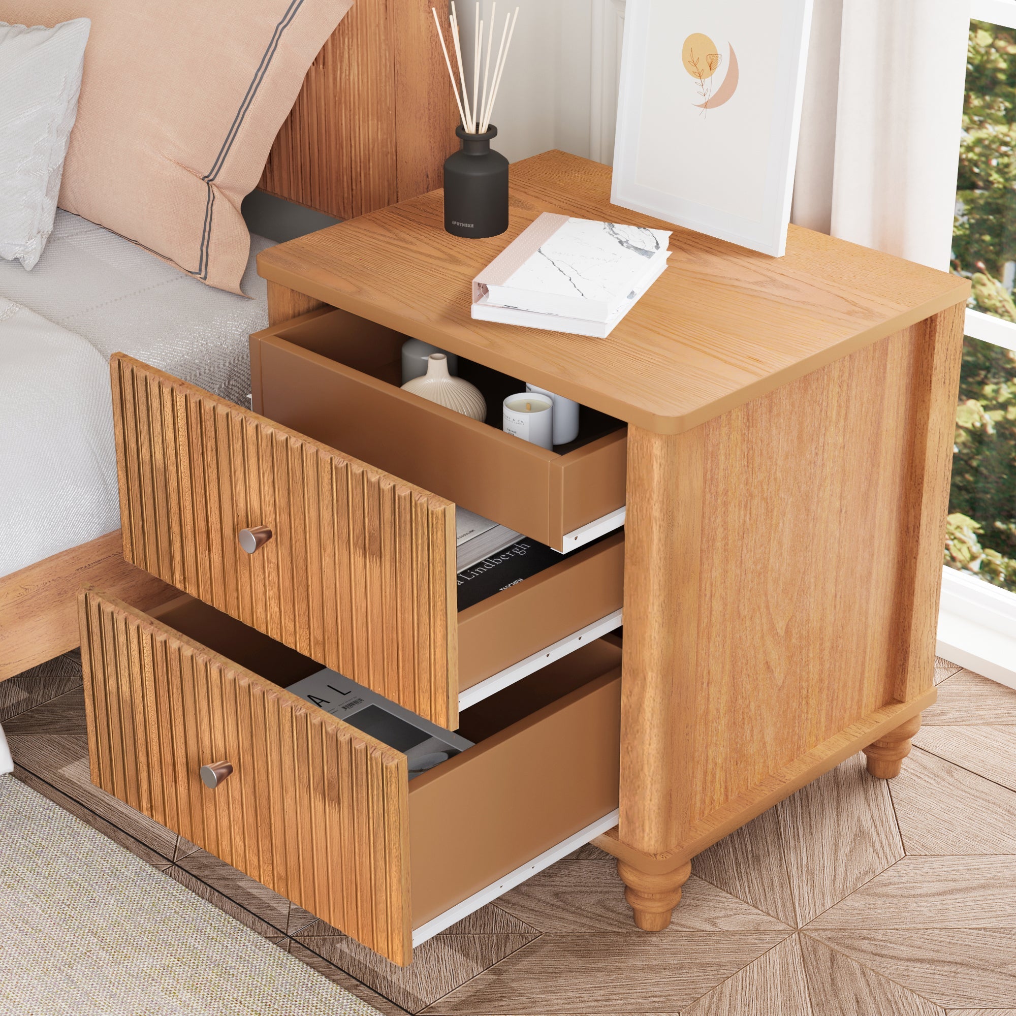 Mid Century Fluted Nightstand with 3 Drawers, 21.65 in Wide, Natural, 2-Piece