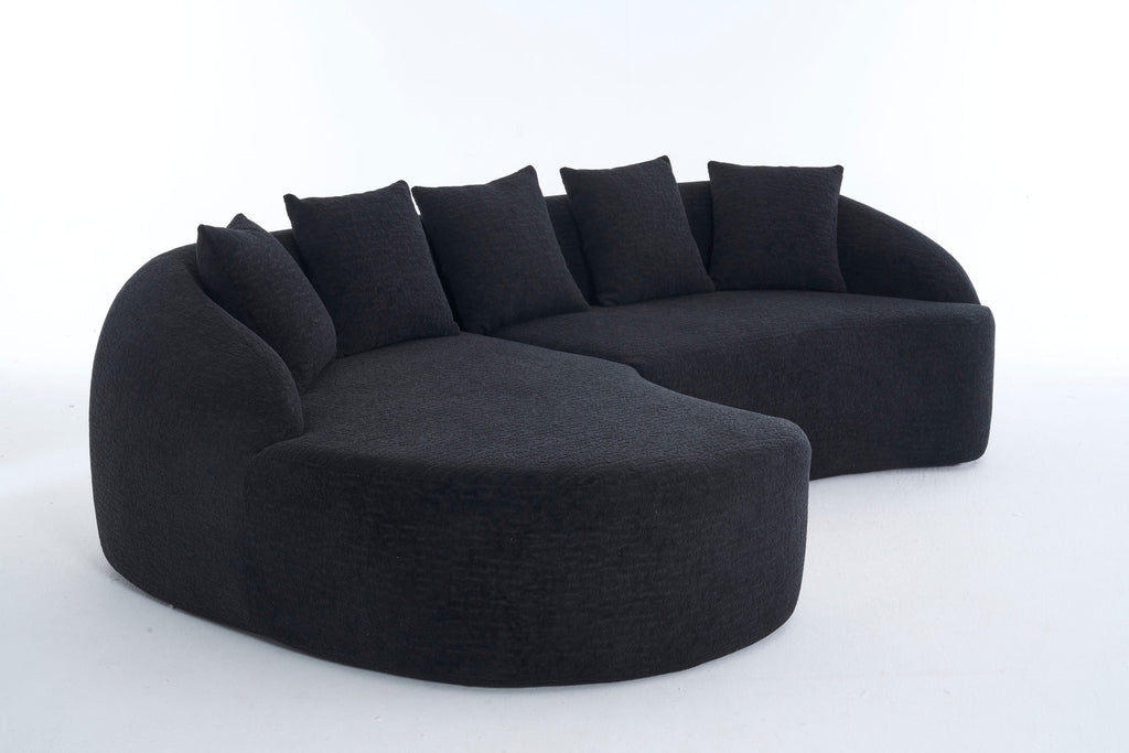 Sectional Sofa l Shaped with Curved Chaise Black Chenille Sleeper