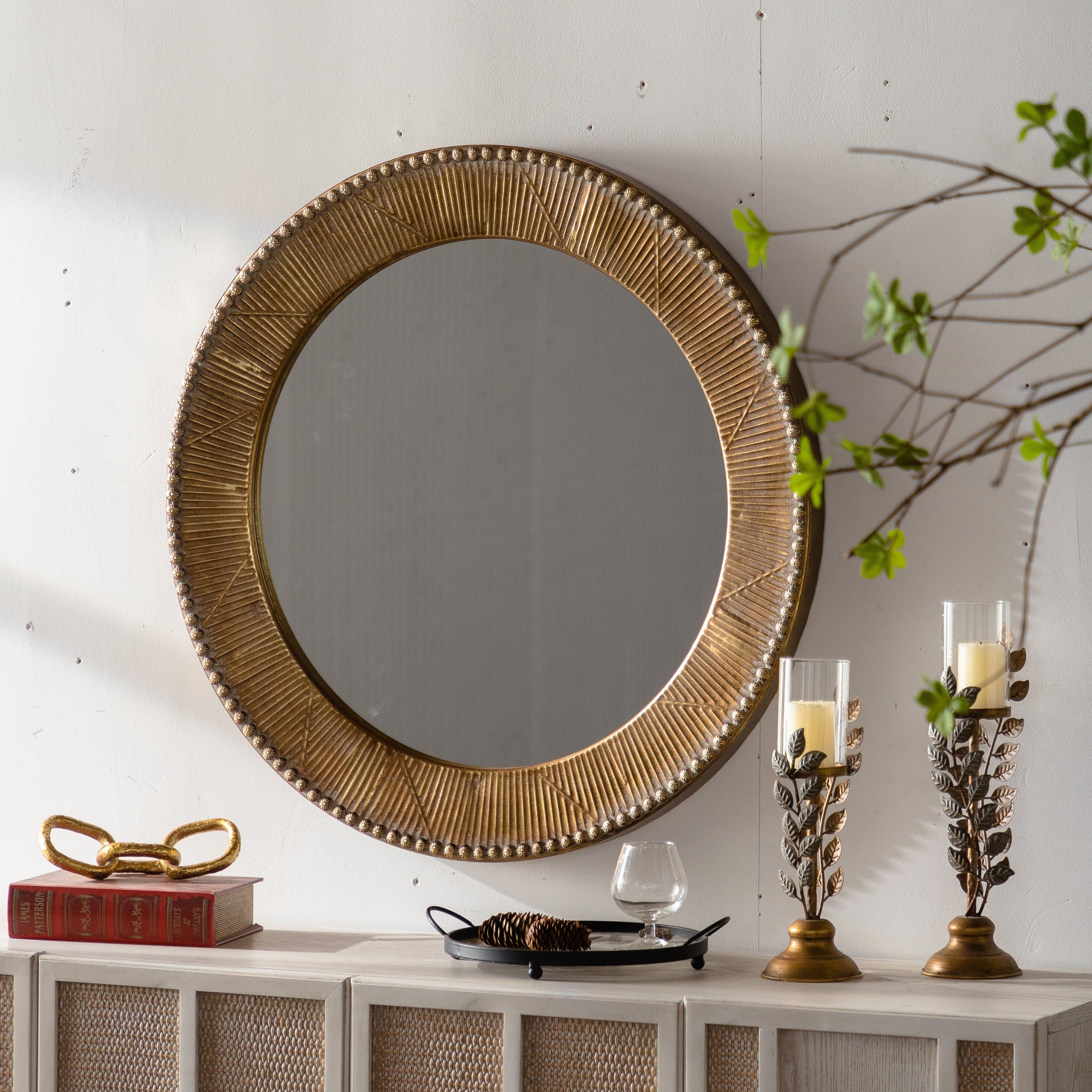Wall Mirror Round Boho Gold Textured Iron Frame 31.3 Inch Living Room