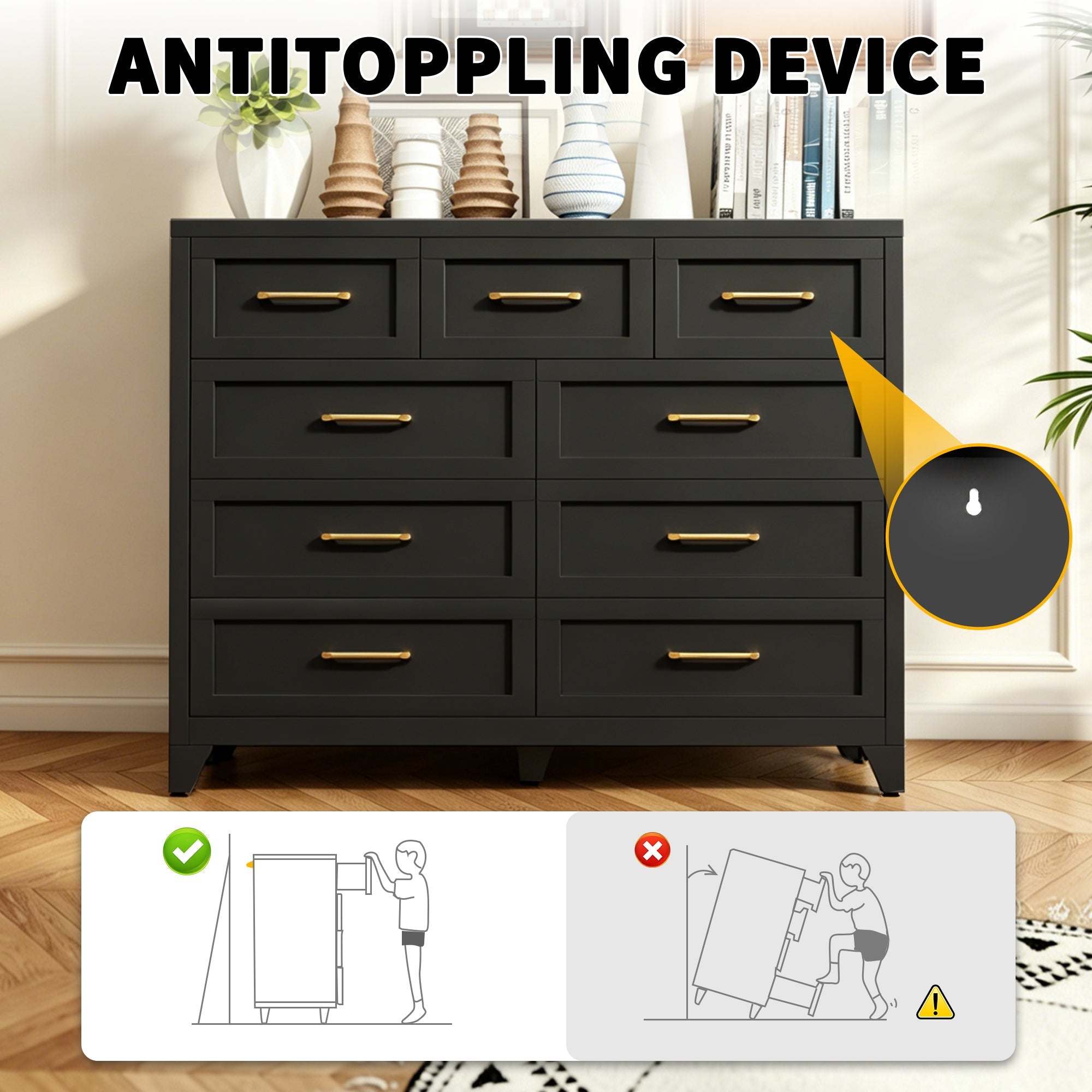 Dresser Tall 9-Drawer Black Steel Smooth-Glide 47.3x15.8x39 In