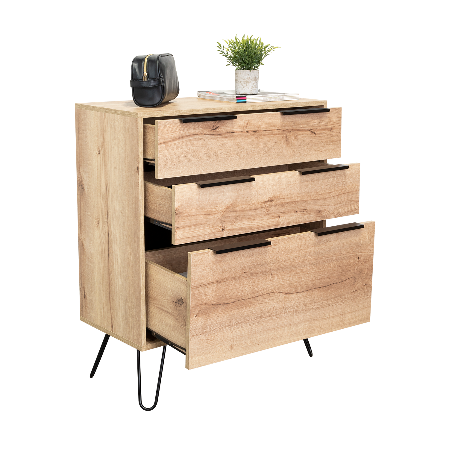 Dresser Modern Set of 2 3-Drawer Beige Particle Board Metal Legs 30.1x35.5 In