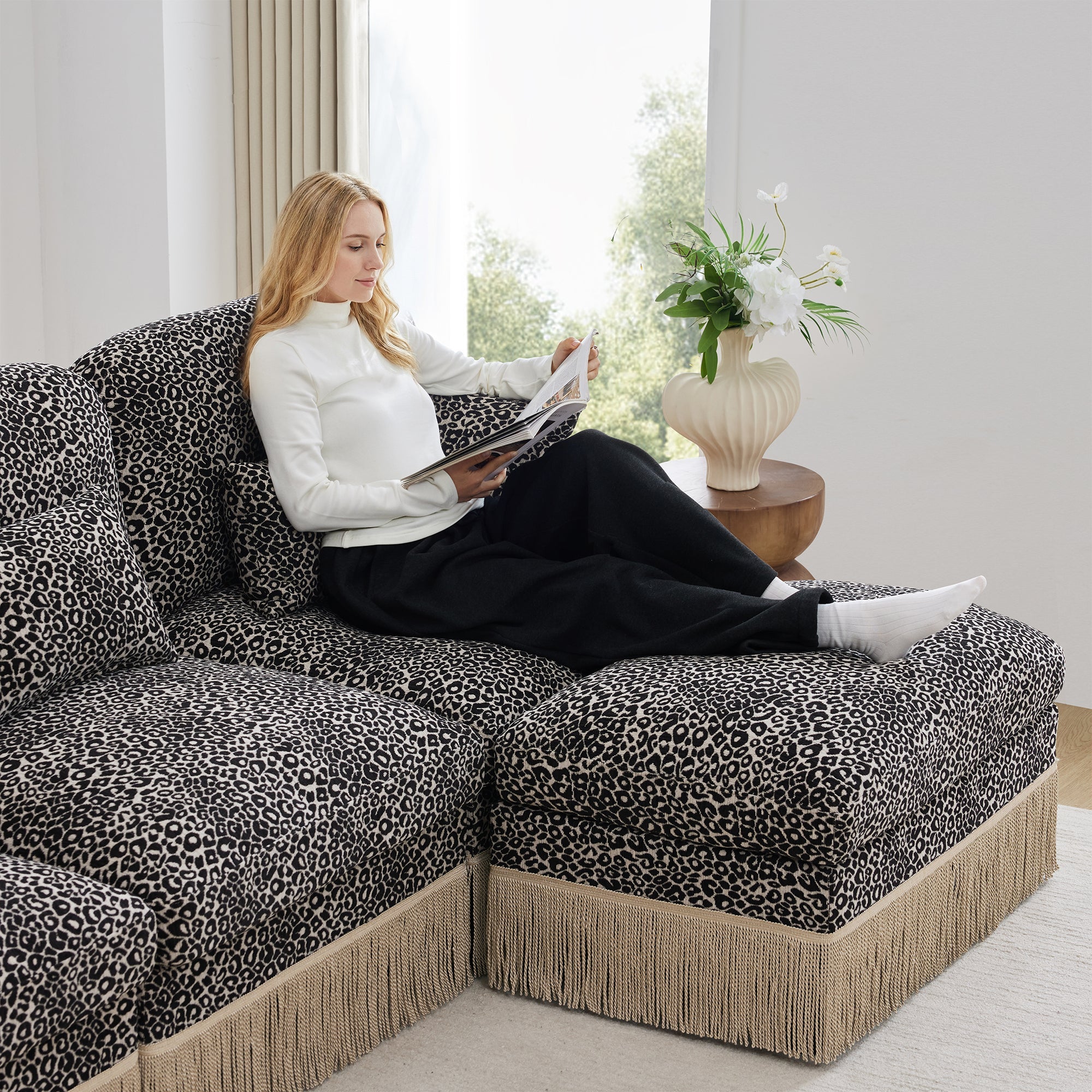 Sectional Sofa Modern Leopard Chenille Khaki Black 4-seater Deep Seat