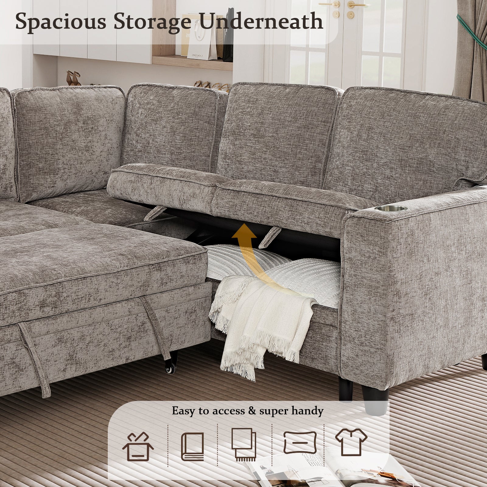 Sectional Sofa L-Shape Chenille Brown 5 Seat USB Ports Pull-Out 81 In