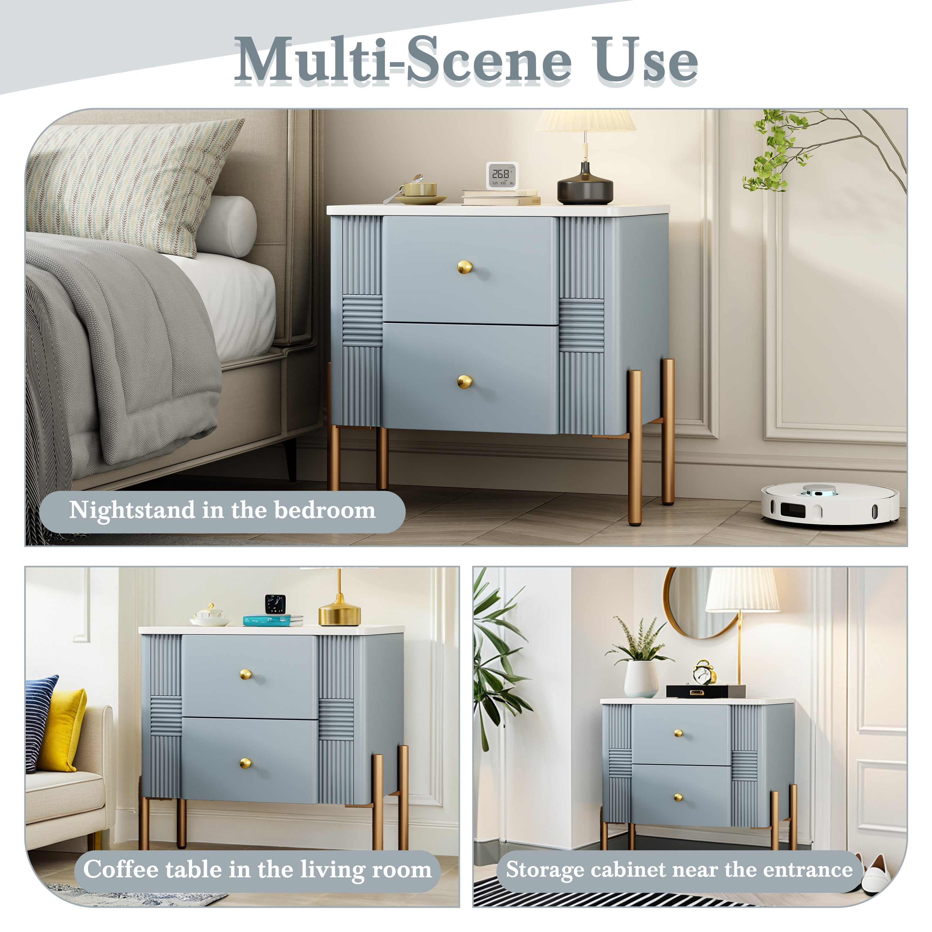 Modern Fluted Nightstand with 2 Drawers, Gold Metal Legs and Handles, Blue
