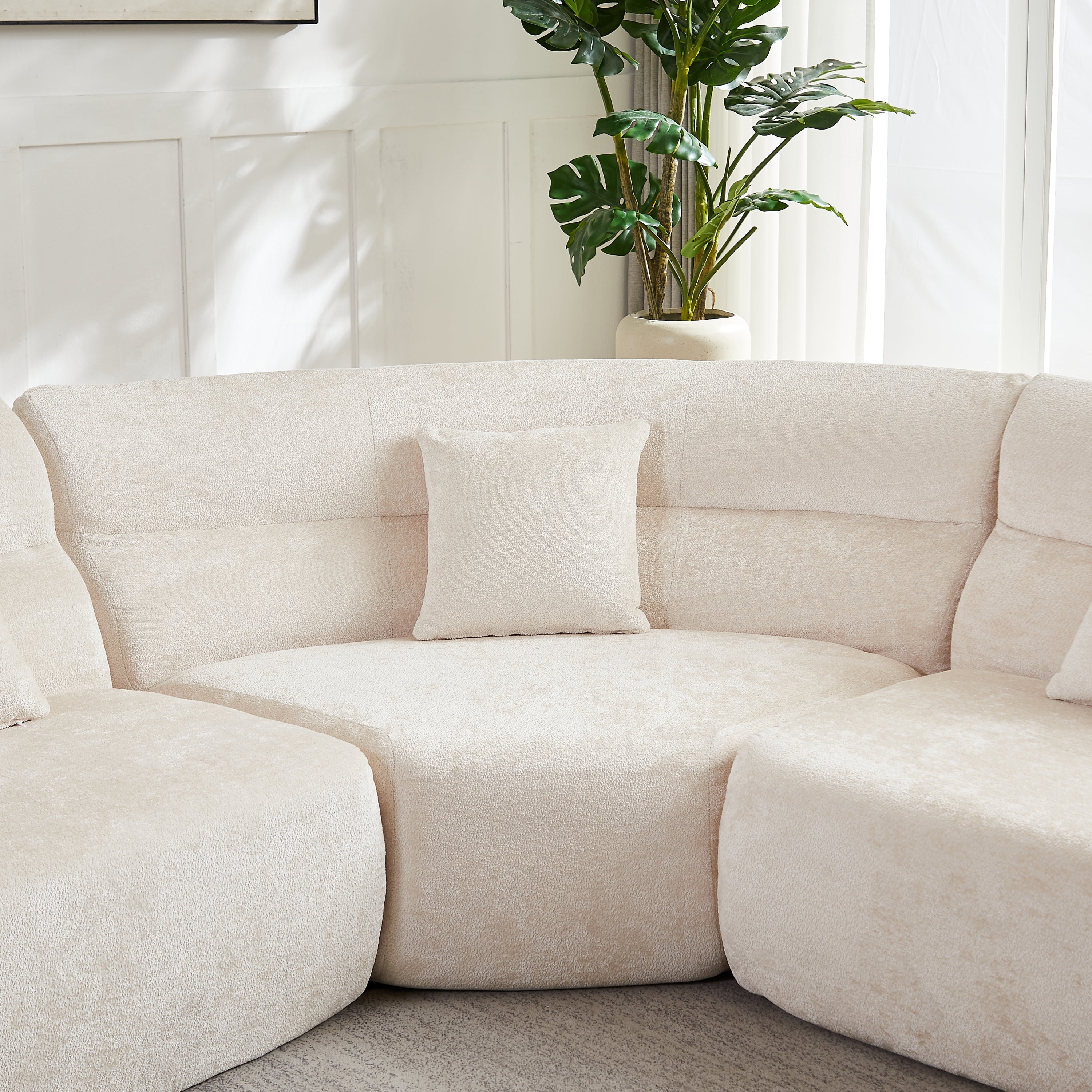 Sectional Sofa Curved Beige Chenille 123.2 Inch Four Pillows No Assembly