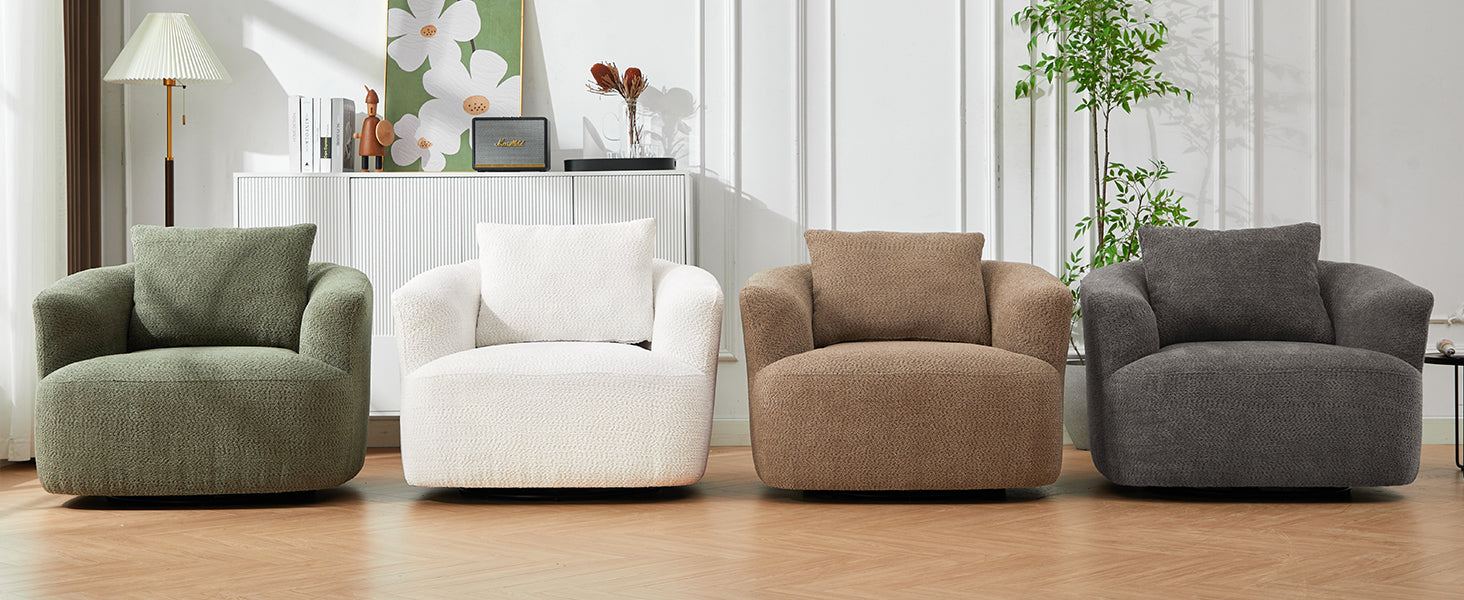 360° Swivel Chair, Chenille Upholstered Barrel Sofa Chair with Throw Pillow, Green, 38.2' for Living Room, Bedroom, Office