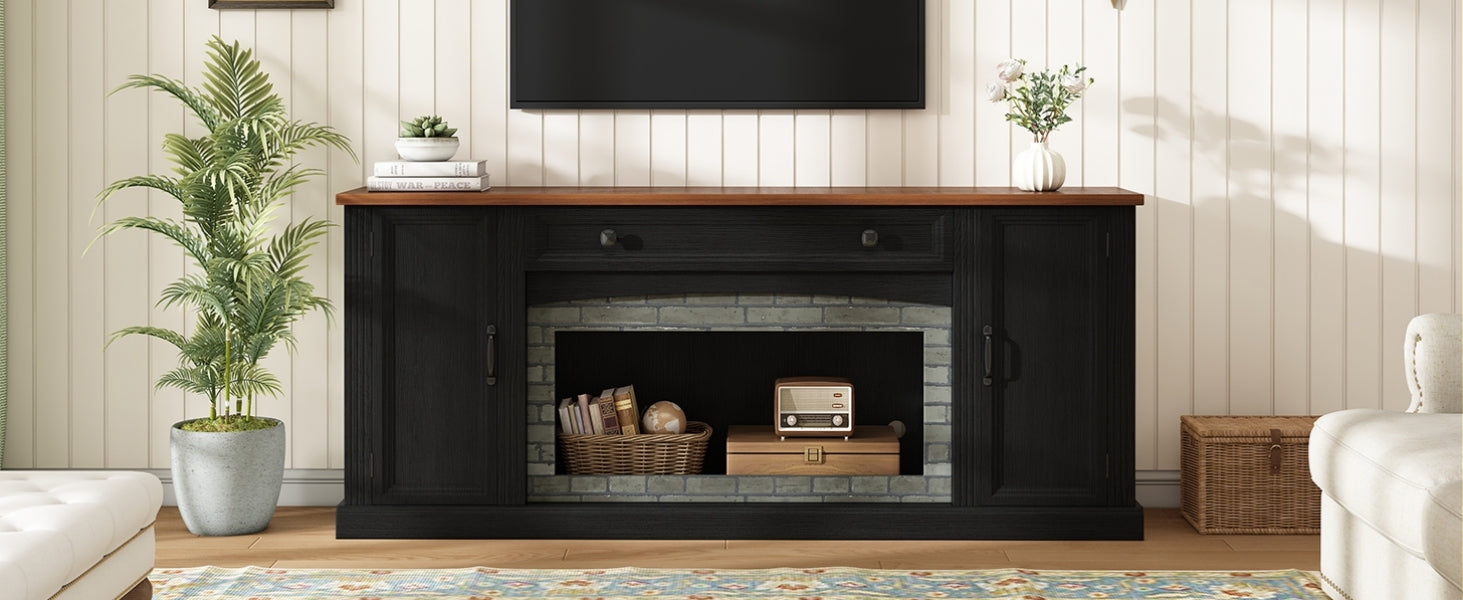 TV Stand Modern Walnut Top Gray Brick MDF Sliding Door Fits 70 In TV 66.9 In