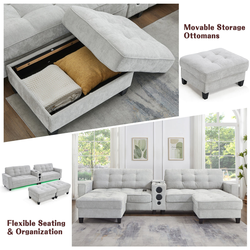 Sectional Sofa U-Shape Chenille Light Gray 6 Seat Bluetooth 126 In