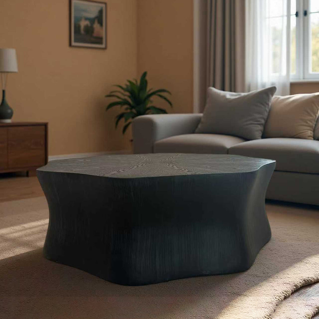 Black Petal Coffee Table, Fiberglass with Birch Wood Grain Veneer, Living Room