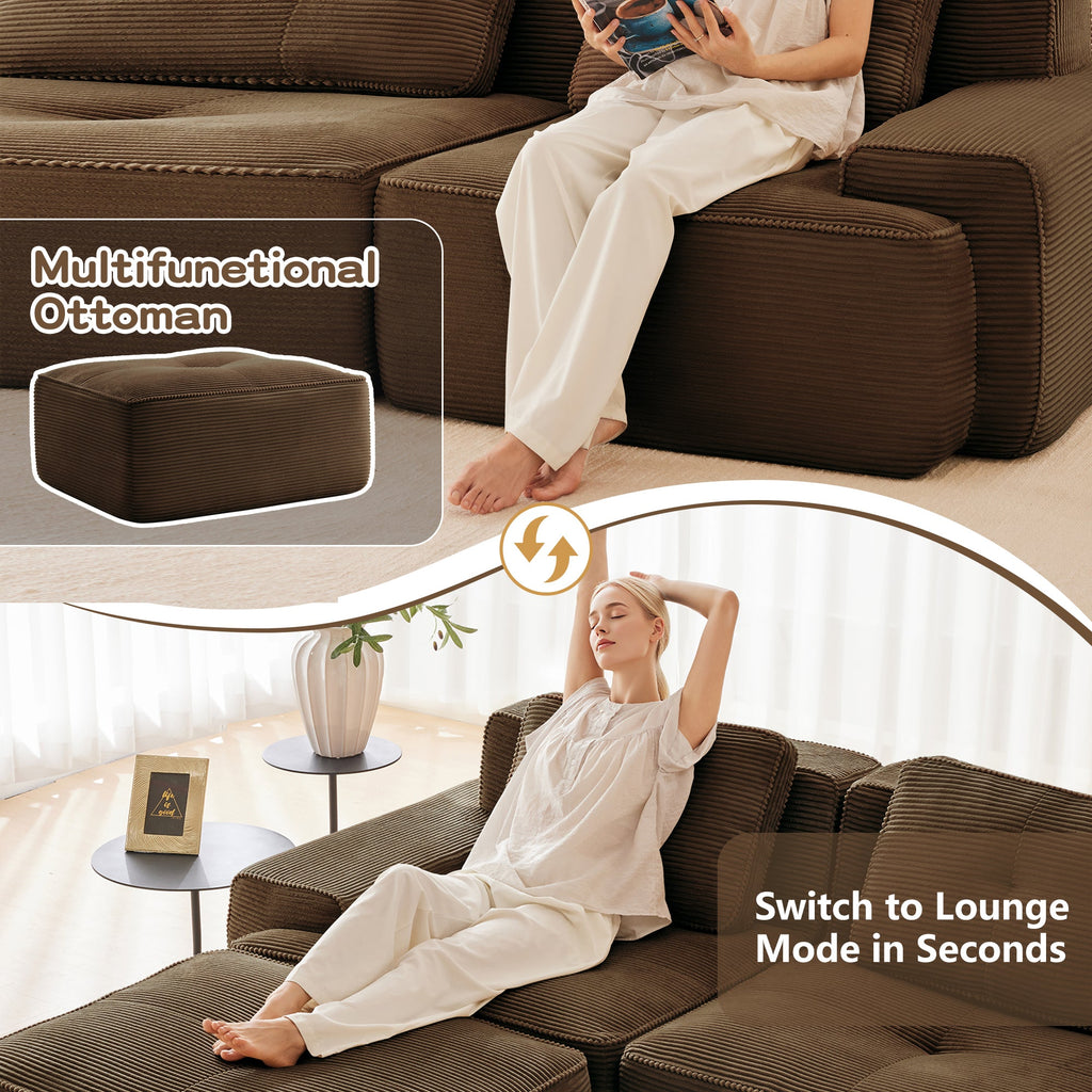 Sectional Sofa L-Shape Corduroy Brown 3 Seat Modular with Ottoman