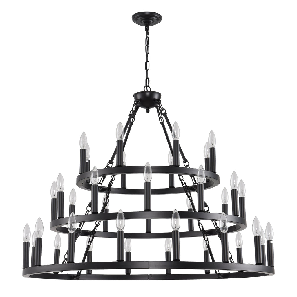 Chandelier Wagon Wheel 3-Tier 36-Light Black Metal 39.37 In Industrial