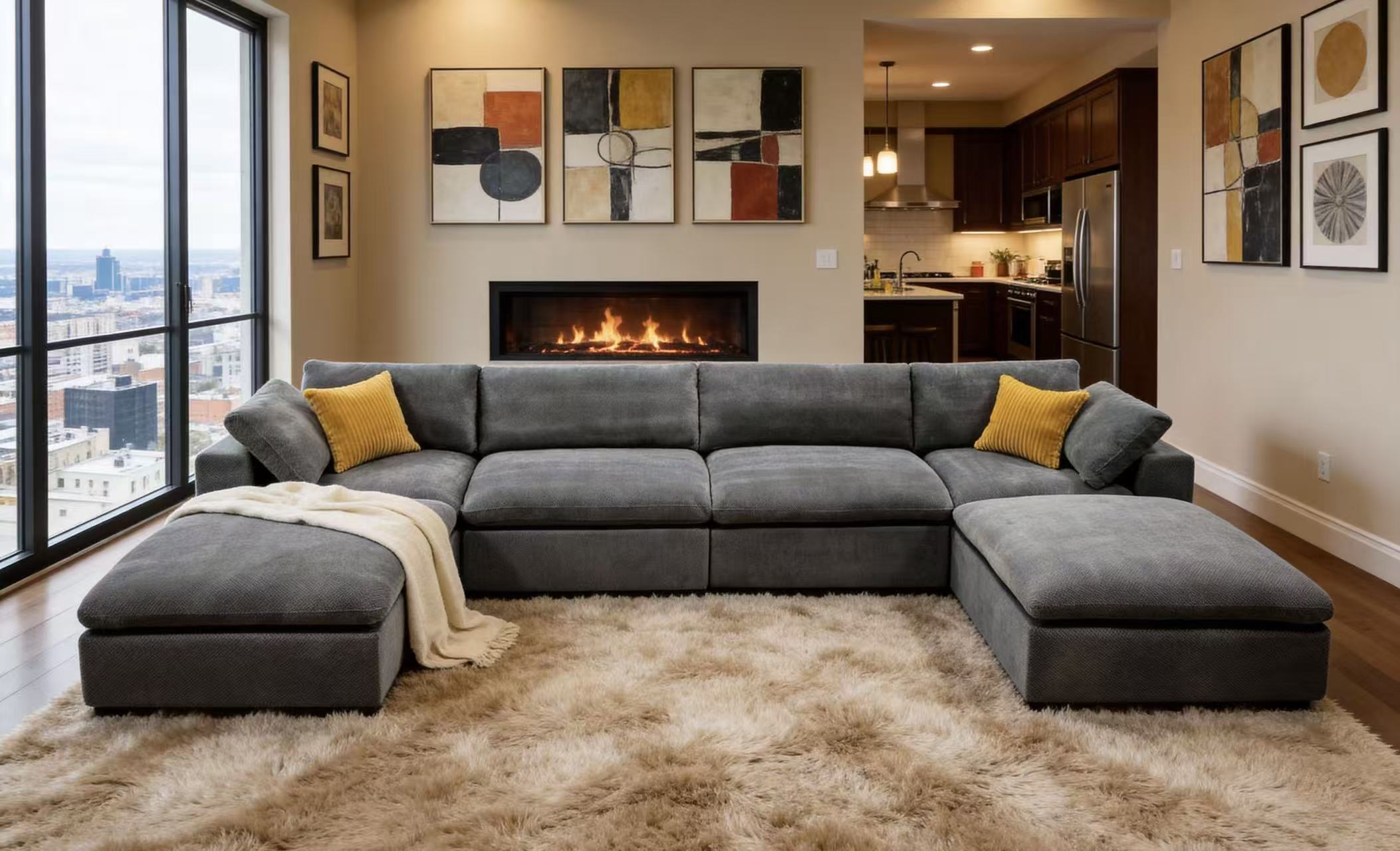 Sectional Sofa Modular Coffee Bean Upholstery with Toss Pillows