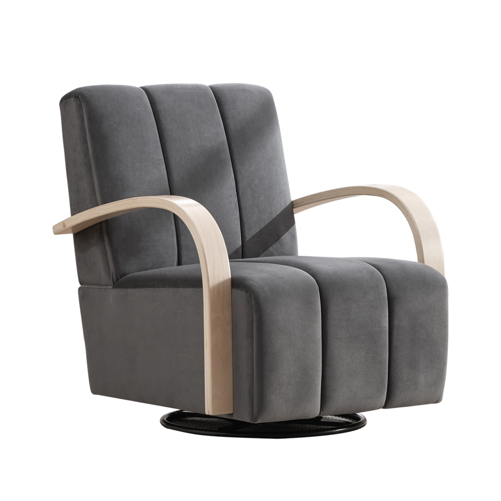 Swivel Accent Chair 360 Degree Velvet Charcoal Channel Tufted Wood Armrests