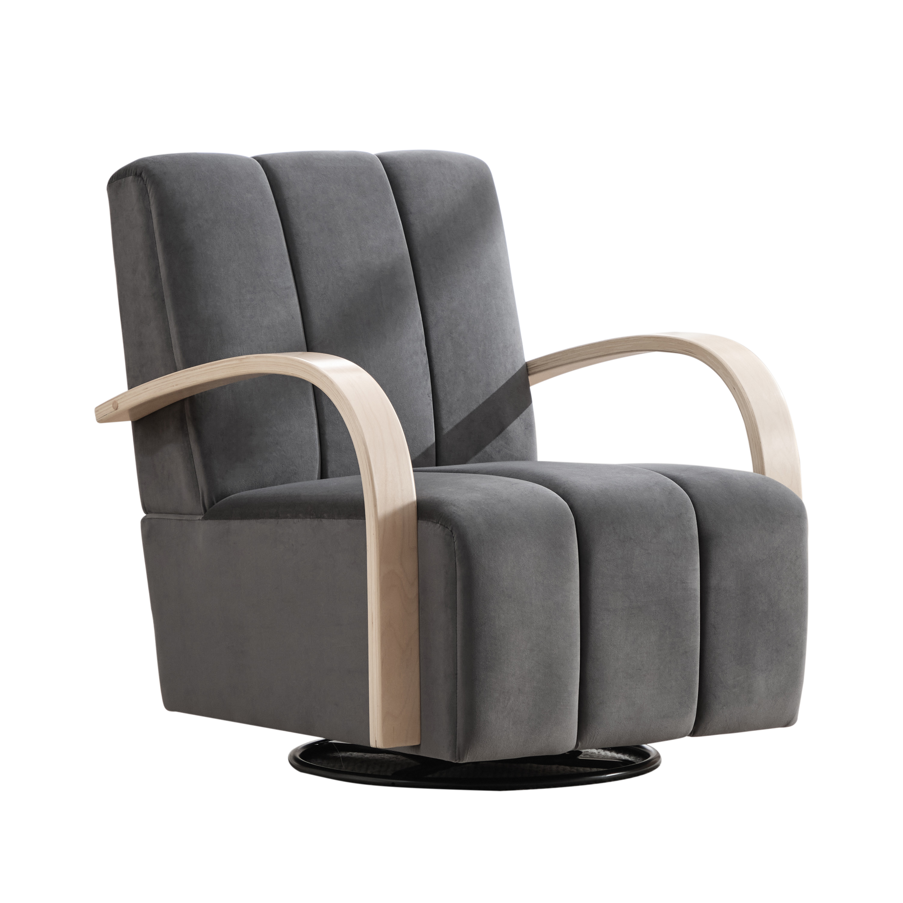 Swivel Accent Chair 360 Degree Velvet Charcoal Channel Tufted Wood Armrests
