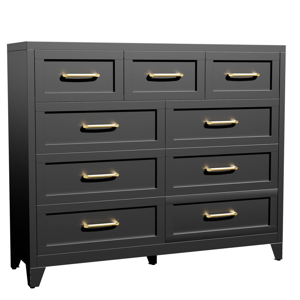 Dresser Tall 9-Drawer Black Steel Smooth-Glide 47.3x15.8x39 In