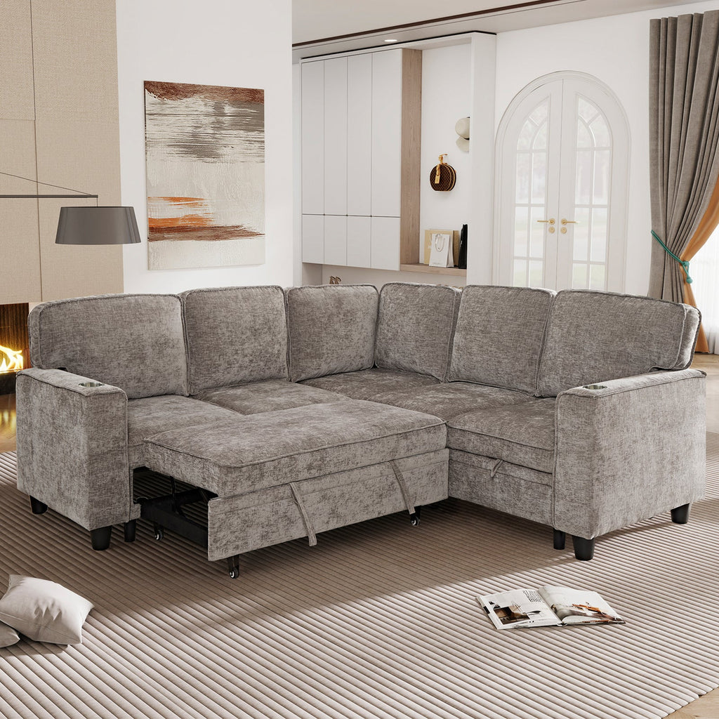 Sectional Sofa L-Shape Chenille Brown 5 Seat USB Ports Pull-Out 81 In