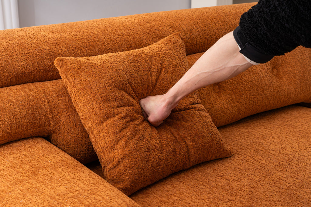 Reconfigurable 4-Seater Sectional Sofa with Wood Grain Chenille Fabric, Amber Orange Modular Sofa with 2 Pillows, High-Density Sponge Couch for Living Room & Apartment