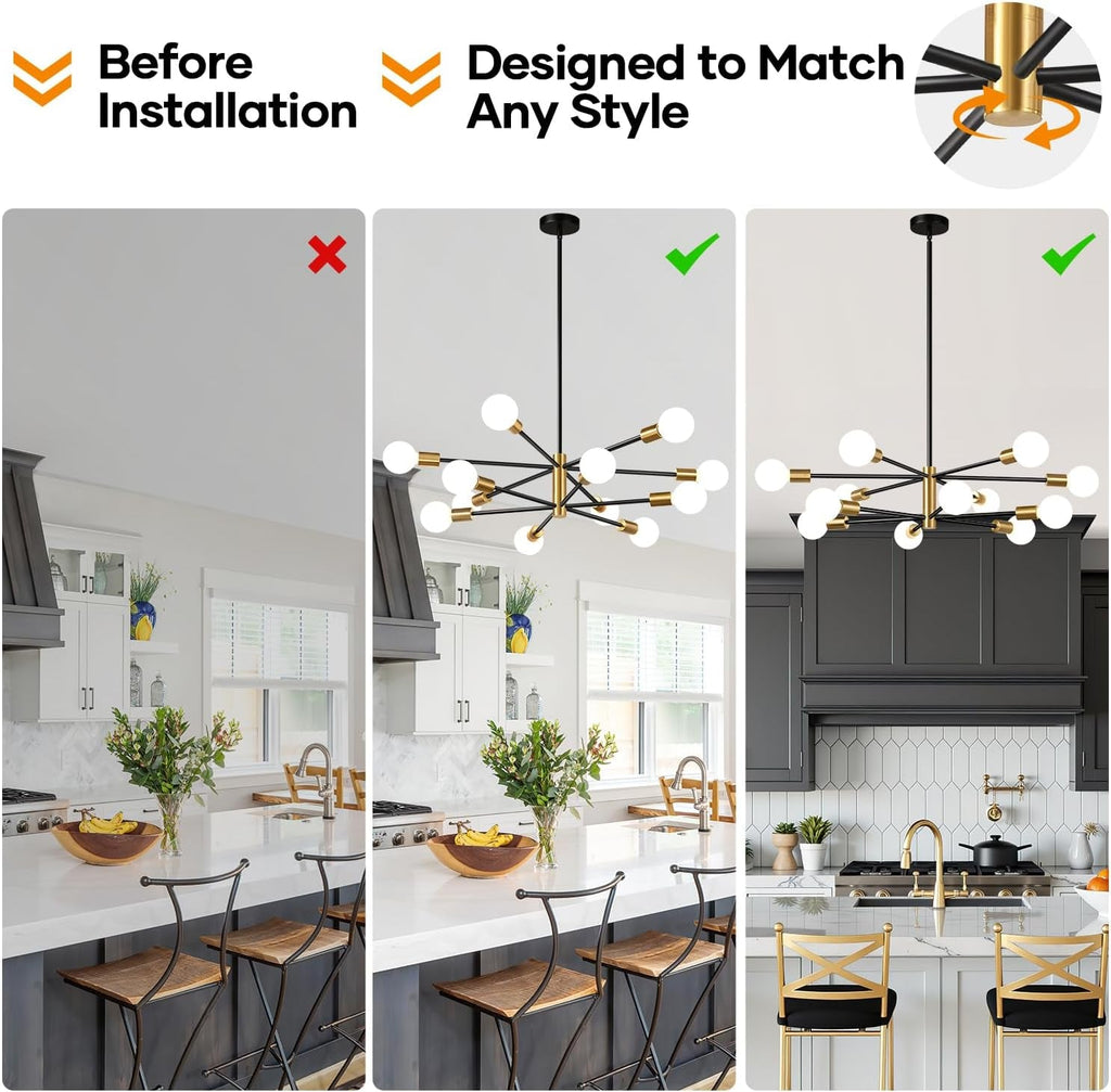33 Inch Modern Black Gold Chandelier 12 Light Adjustable