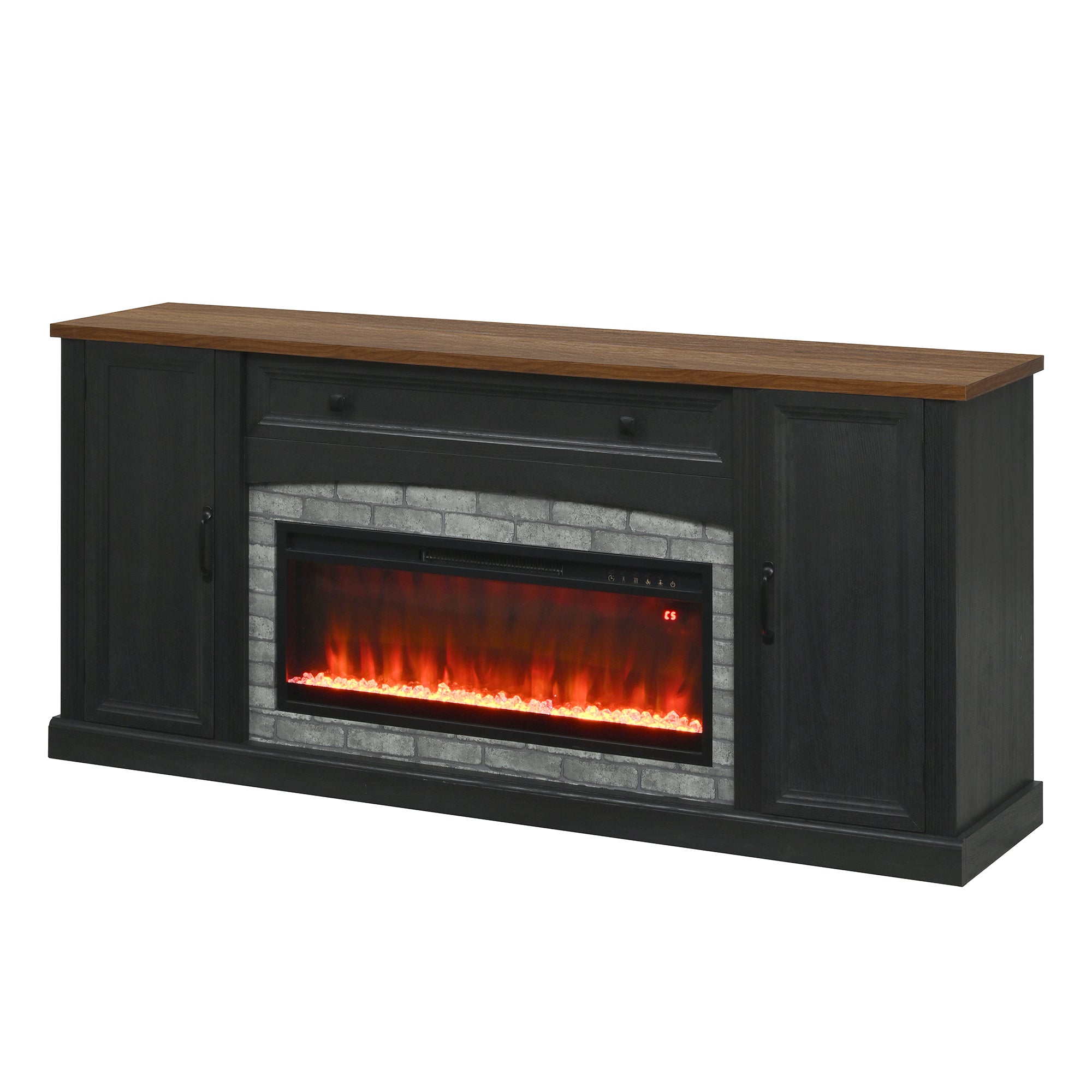 TV Stand Fireplace Black MDF Walnut Top Gray Brick 1400W Fits 70 In TV 66.9 In