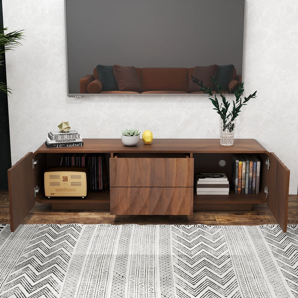 TV Stand Spiral Wave Walnut MDF Floating Base Fits 60 In TV 58.3 In