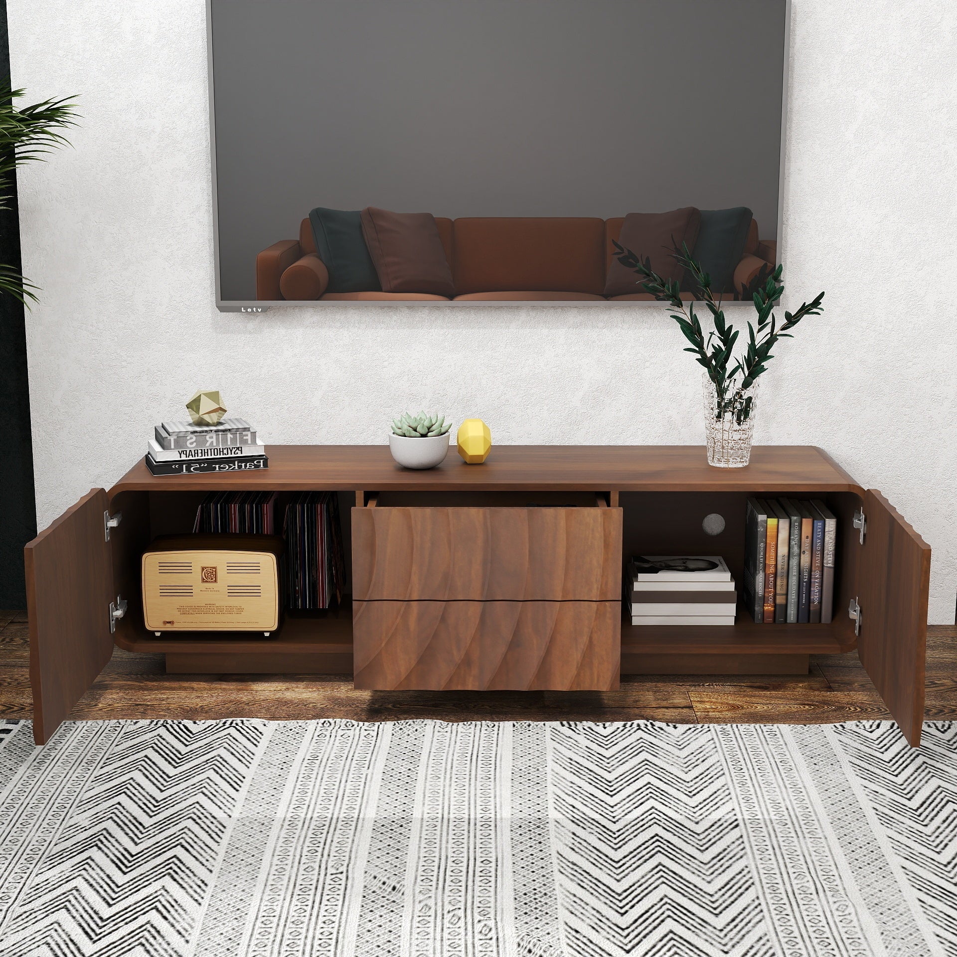 TV Stand Spiral Wave Walnut MDF Floating Base Fits 60 In TV 58.3 In