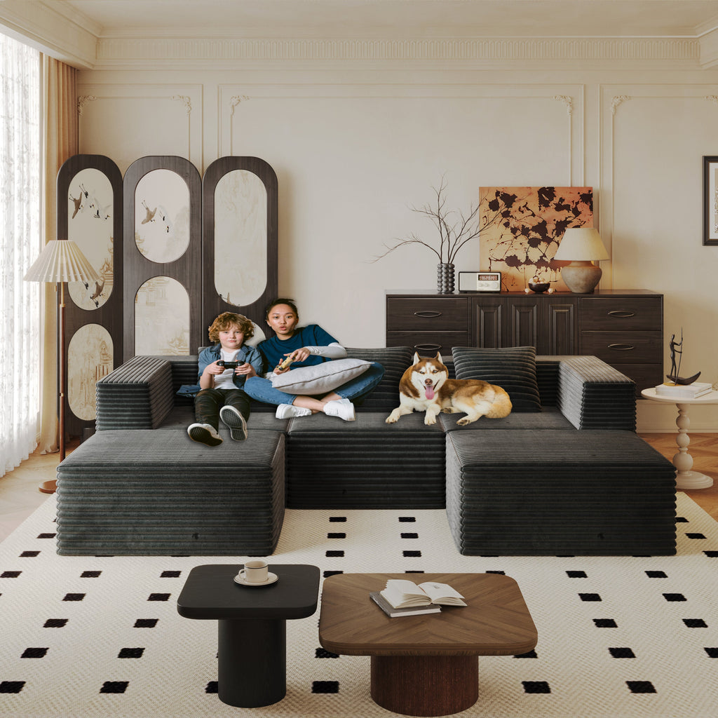 Sectional Sofa Modern Grey Modular Three Seater with Two Ottomans Deep Seat