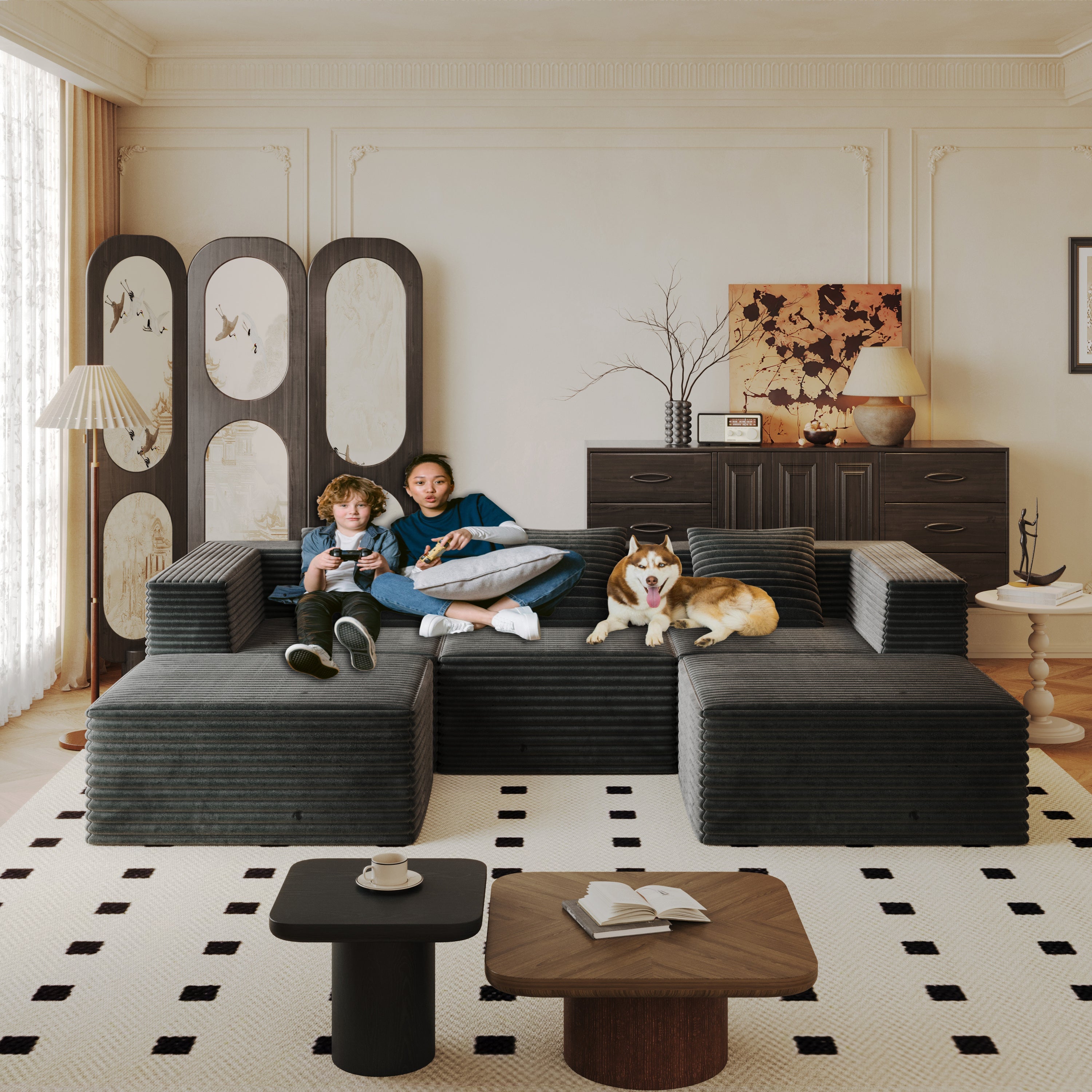 Sectional Sofa Modern Grey Modular Three Seater with Two Ottomans Deep Seat