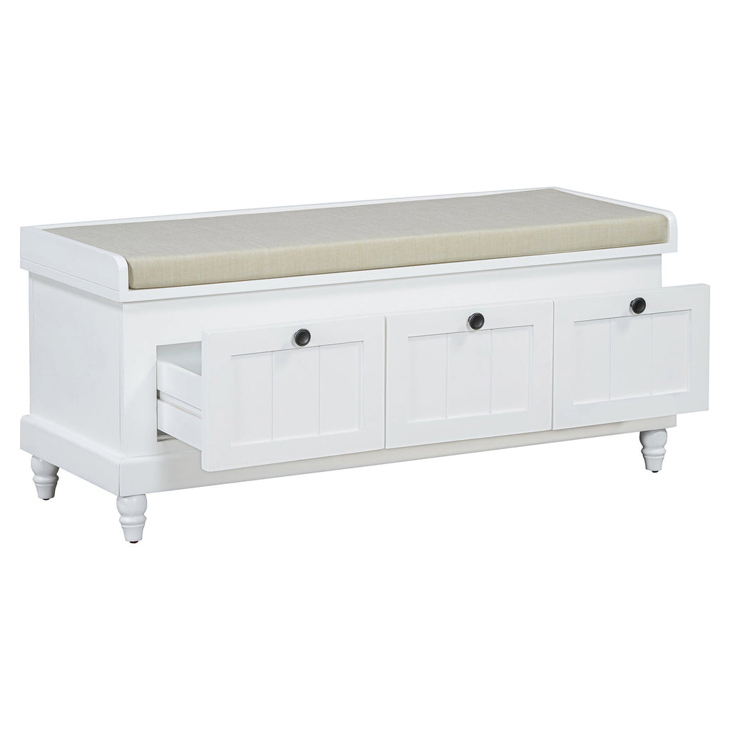 Entry Bench Fluted MDF White Cushioned Seat 3 Drawers 44x16x19 In 220 LB