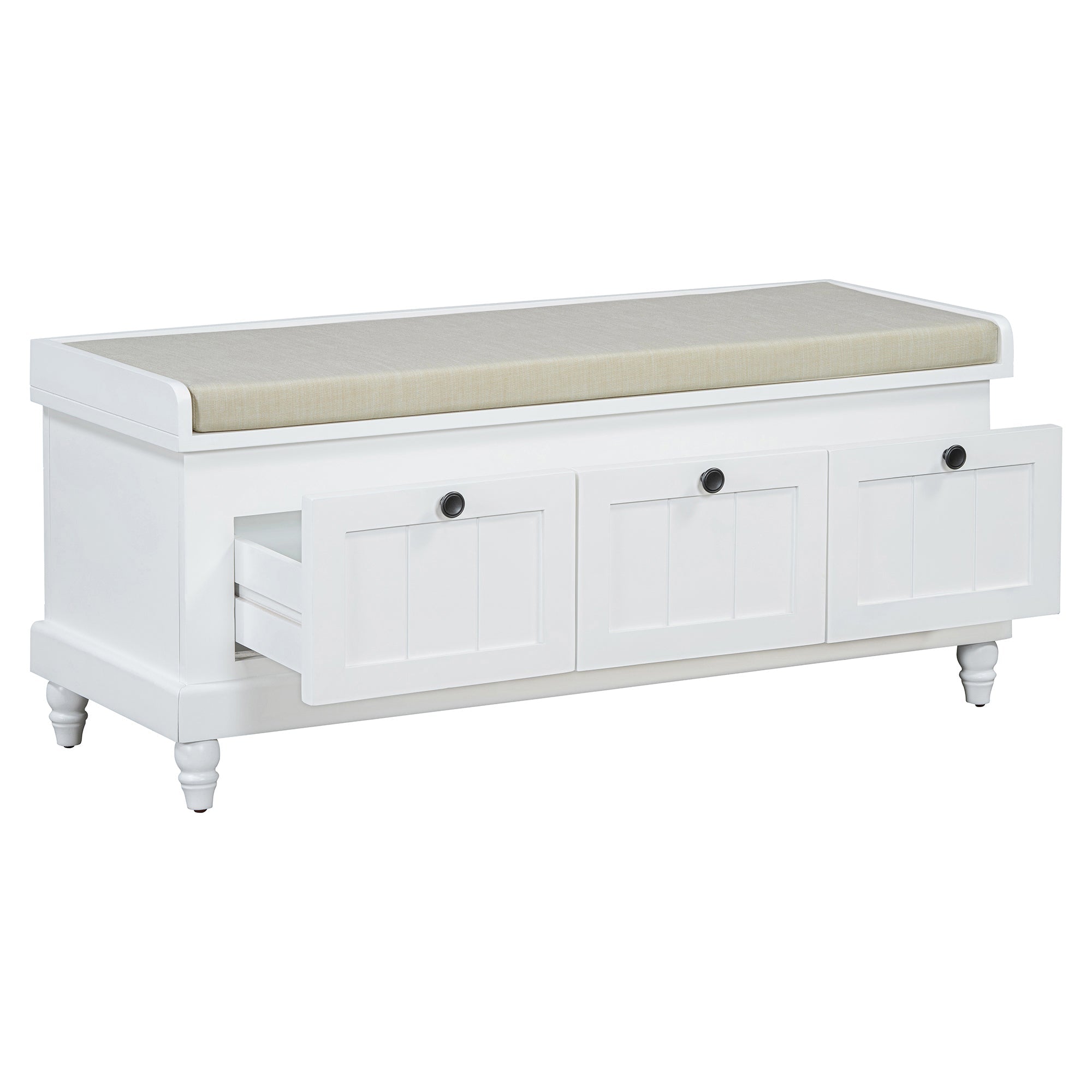 Entry Bench Fluted MDF White Cushioned Seat 3 Drawers 44x16x19 In 220 LB