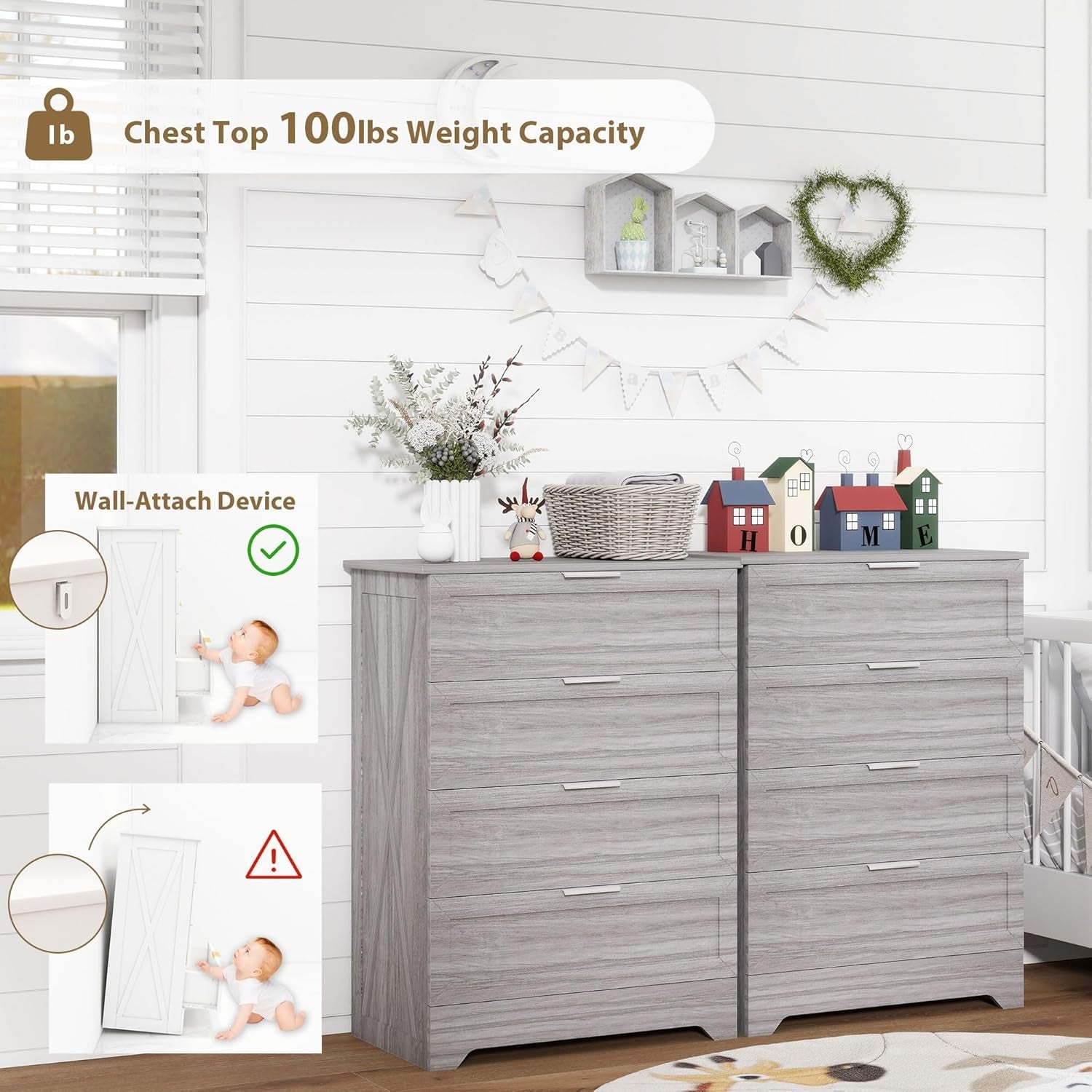 Washed Grey Farmhouse 4 Drawer Distinctive Dresser
