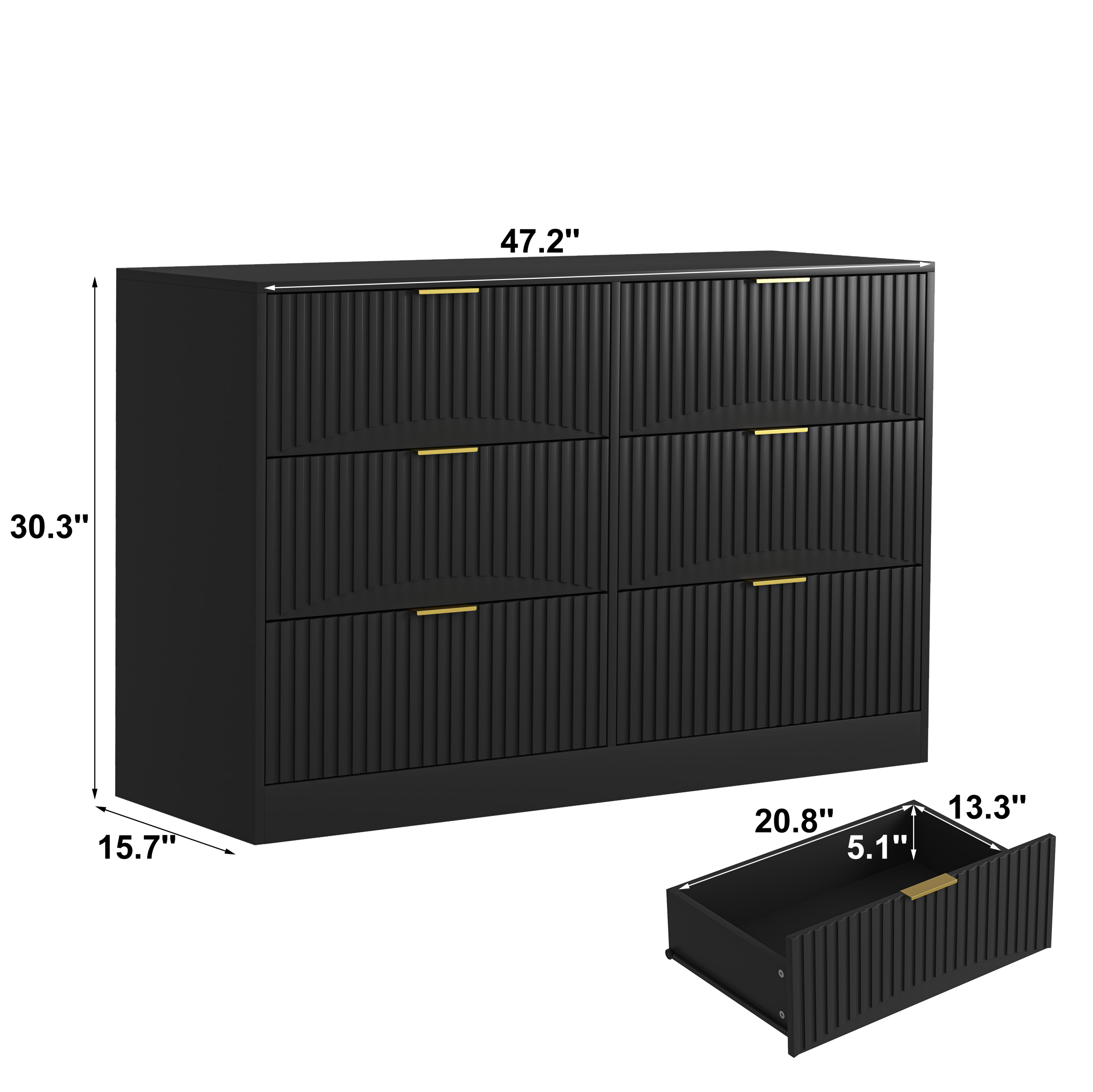 Dresser Modern 6-Drawer Black Particle Board 47.2x15.74x30.3 In