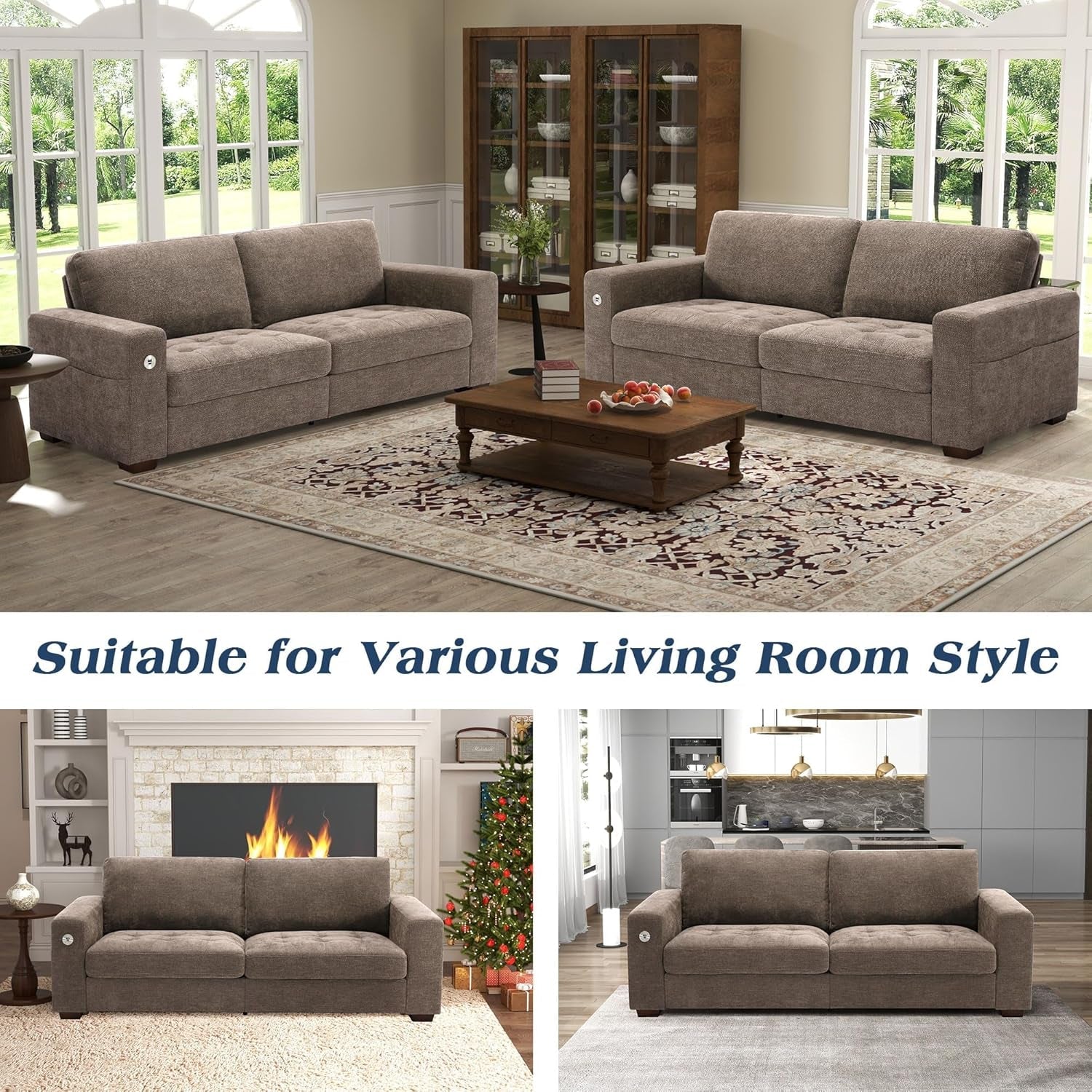 89 Inch Chenille Sofa Set With USB Charging For Living Room