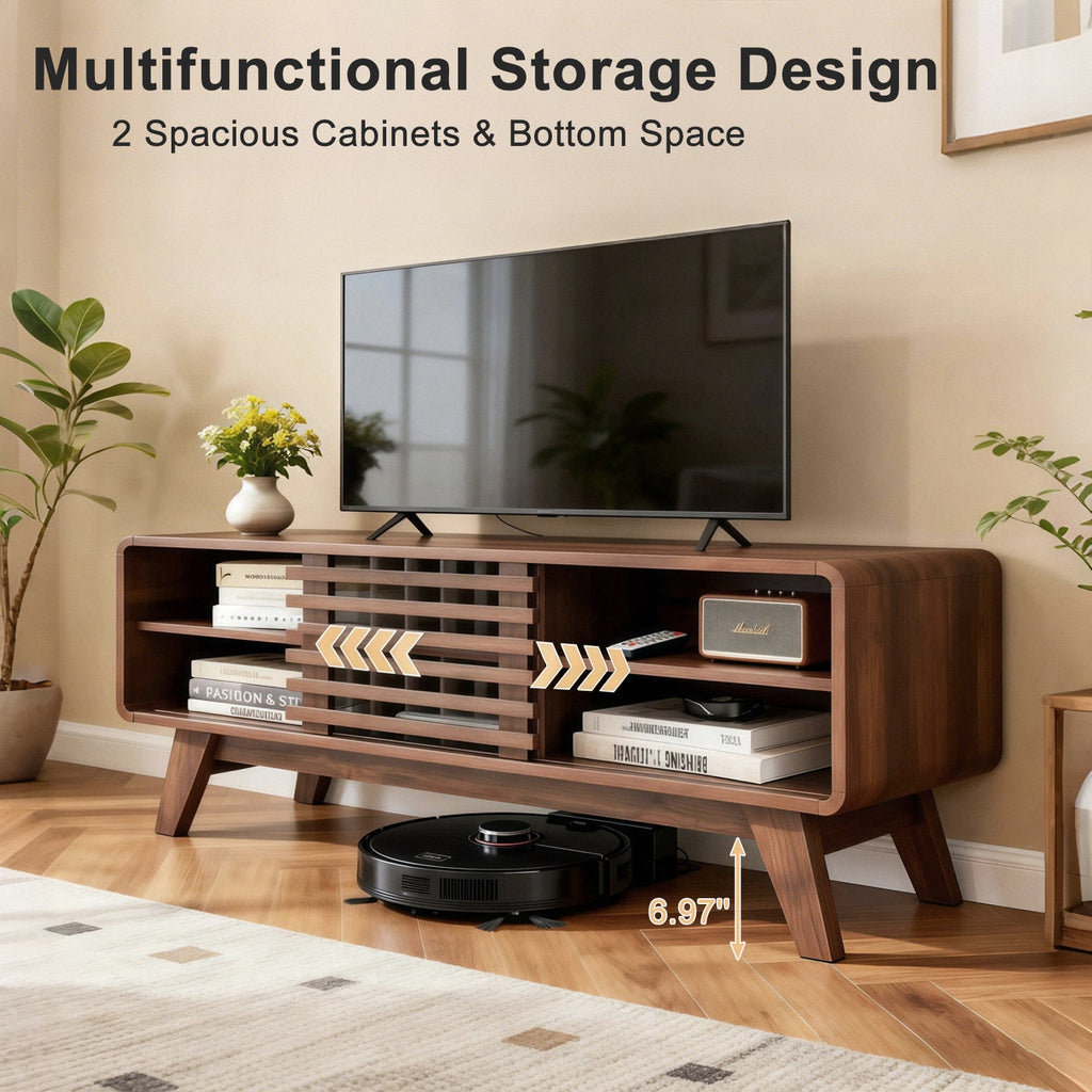 TV Stand Walnut MDF Slatted Sliding Door Fits 50 In TV Cable Management