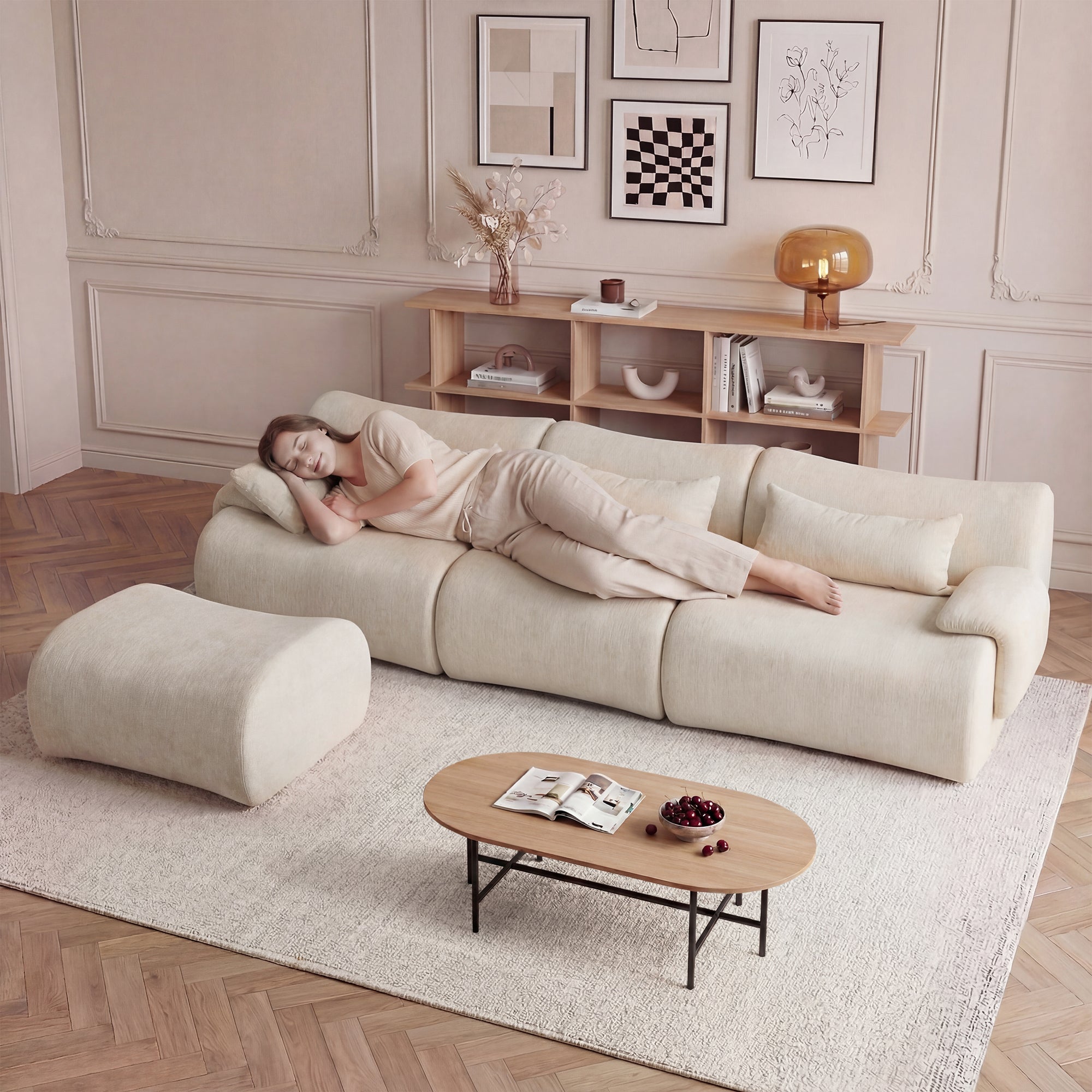 Sofa Curved White 3 Seater with Anti Slip No Assembly Chaise