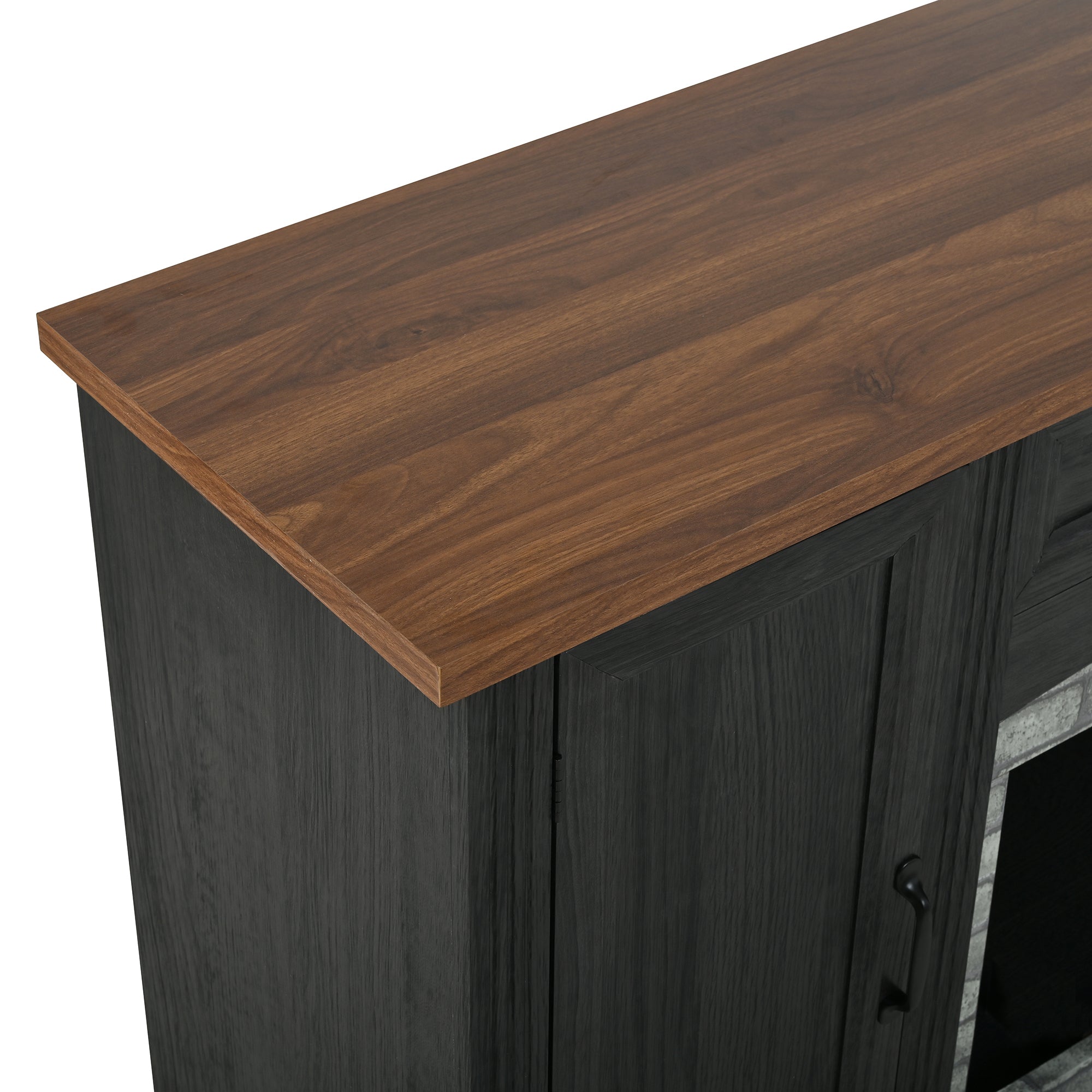 TV Stand Modern Walnut Top Gray Brick MDF Sliding Door Fits 70 In TV 66.9 In