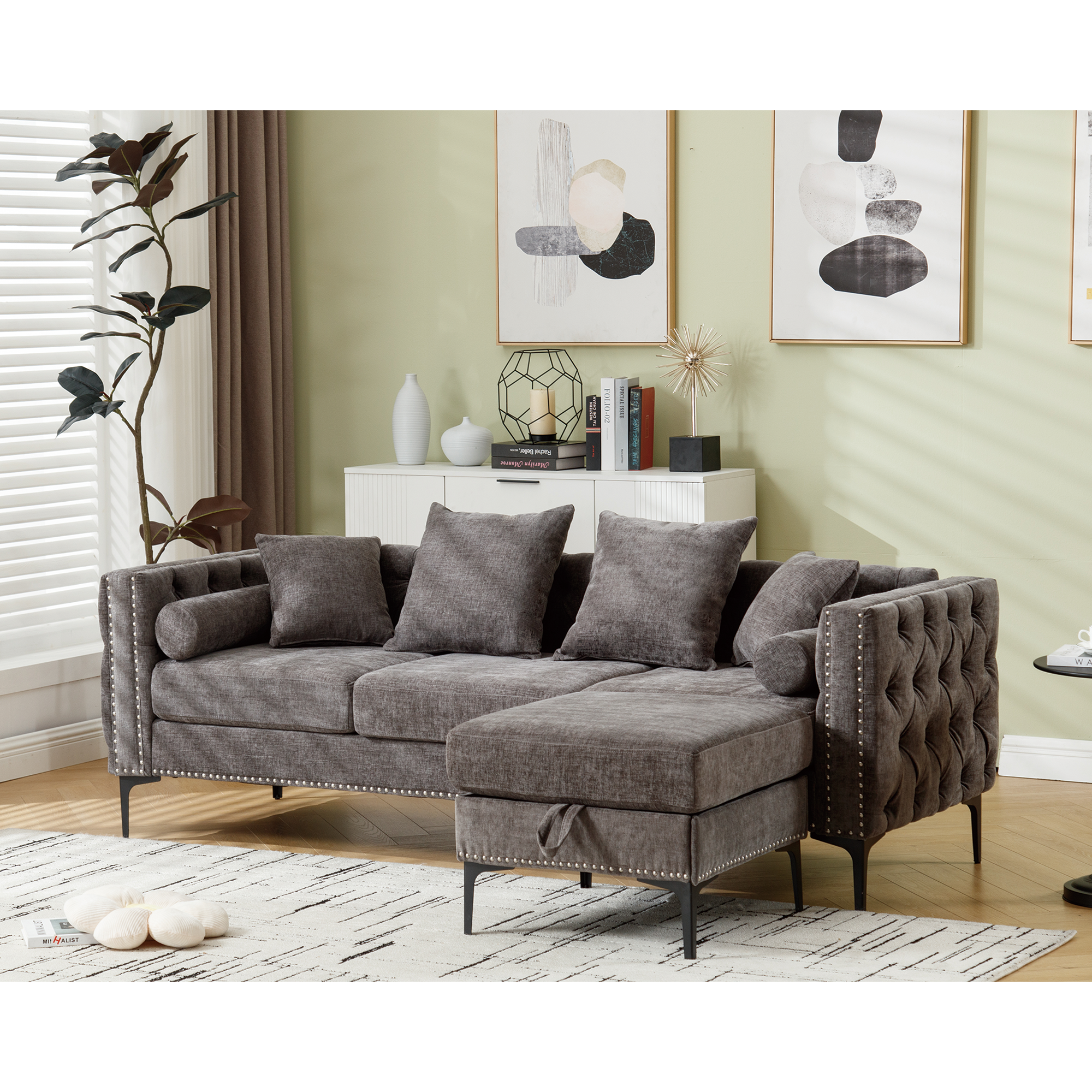 L Shaped Sectional Convertible Sofa with Storage Ottoman and Modern Tufted style