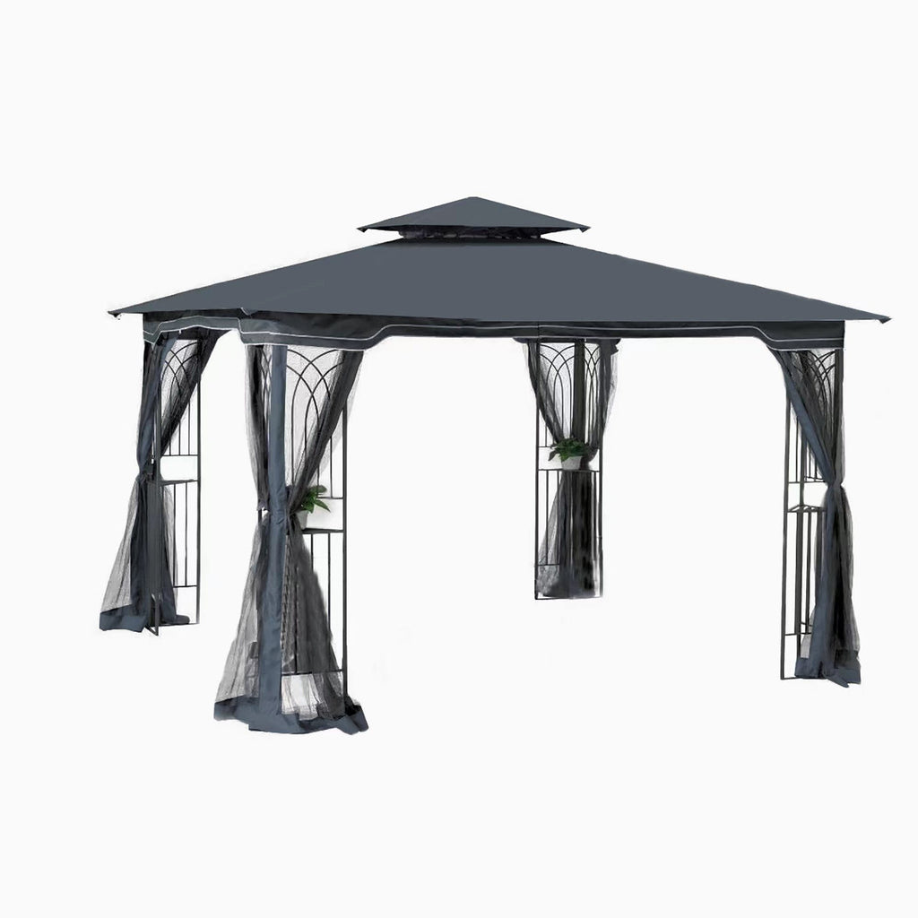 Gazebo Steel Gray 10x10 Ft Double Vented Roof Mesh Sidewalls UV-Resistant